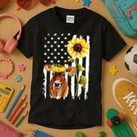 Cow USA Flag Sunflower Cow Lover Kids T-Shirt thumb 3