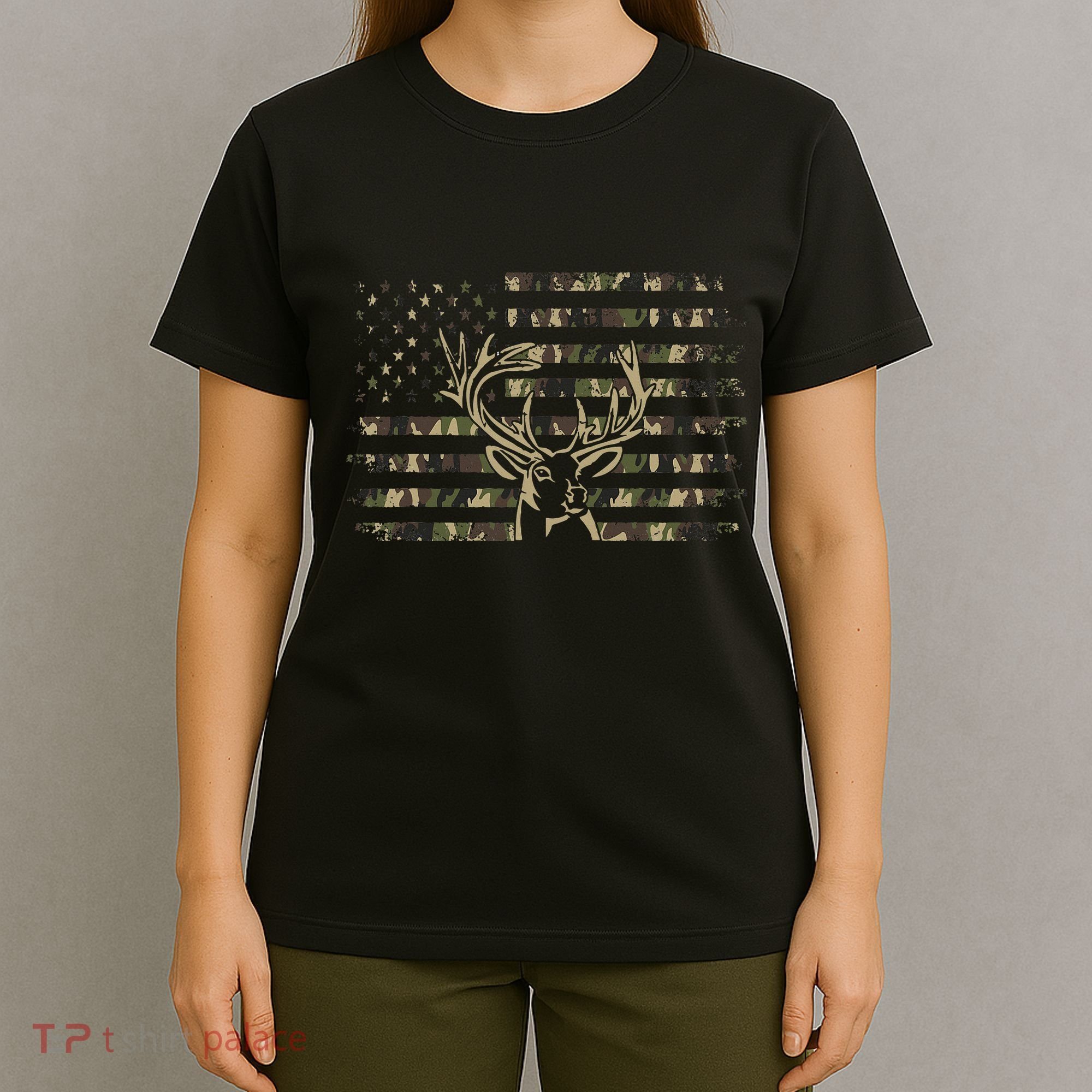 Camo Usa Flag Deer Elk Buck Camoflage Hunting Hunter T-Shirt