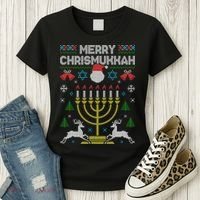 Christmas Ugly Hanukkah Sweater menorah Merry Chrismukkah Women's T-Shirt thumb 3