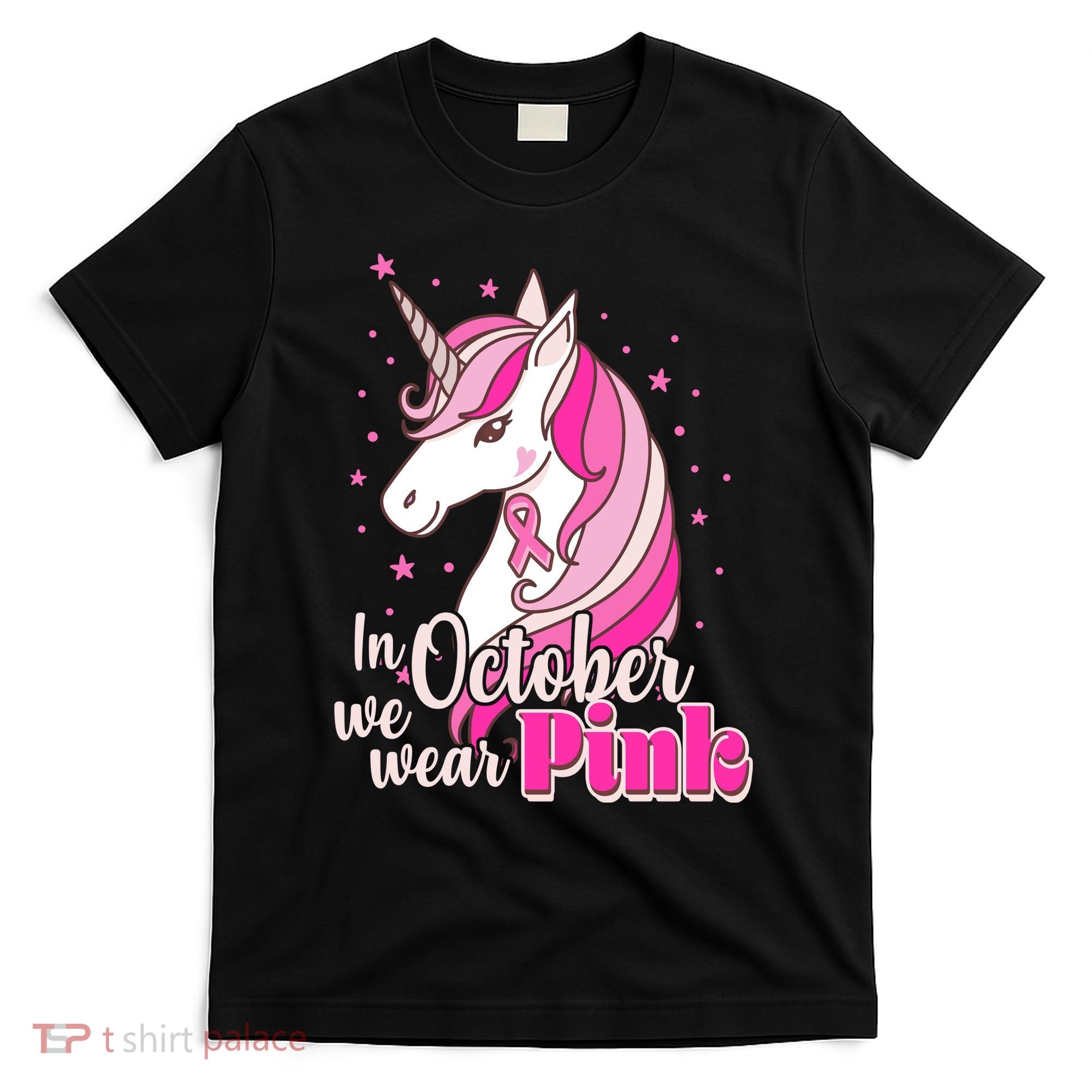 Cute Unicorn In October We Wear Pink Breast Cancer Awareness T-Shirt