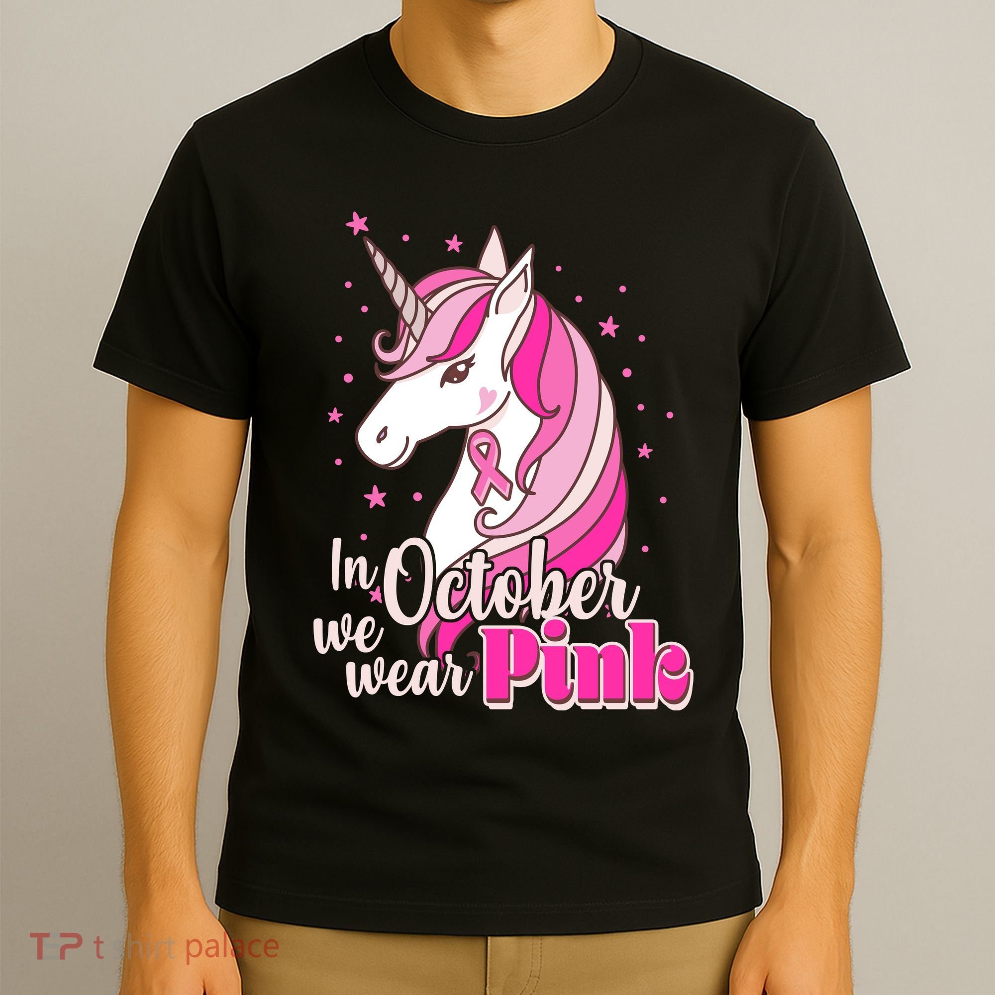 Cute Unicorn In October We Wear Pink Breast Cancer Awareness T-Shirt