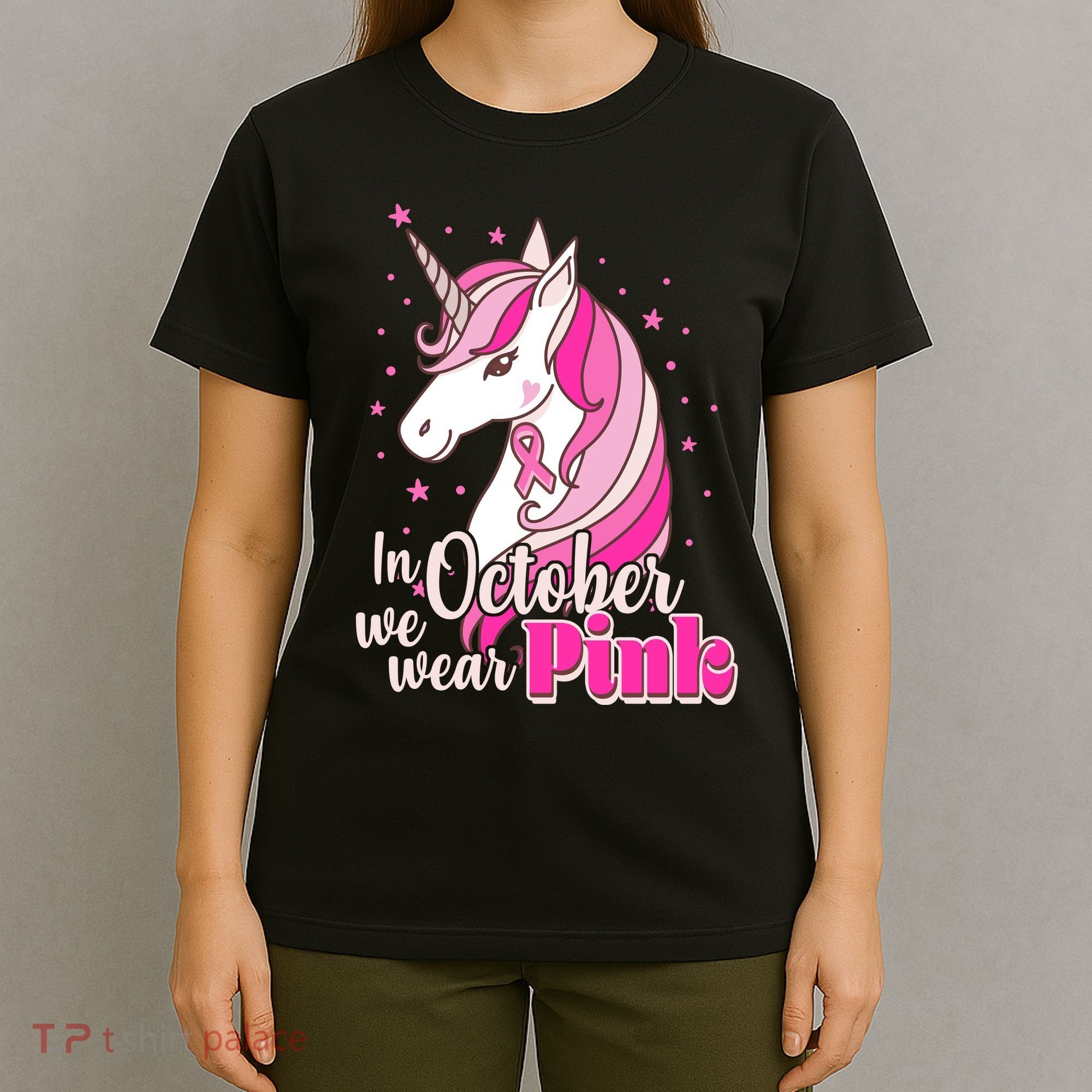 Cute Unicorn In October We Wear Pink Breast Cancer Awareness T-Shirt