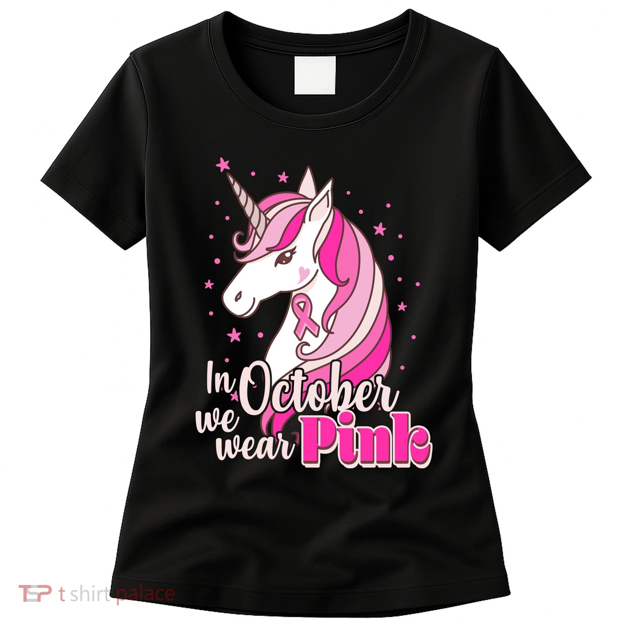 Cute Unicorn In October We Wear Pink Breast Cancer Awareness Women's T-Shirt