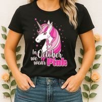Cute Unicorn In October We Wear Pink Breast Cancer Awareness Women's T-Shirt thumb 2