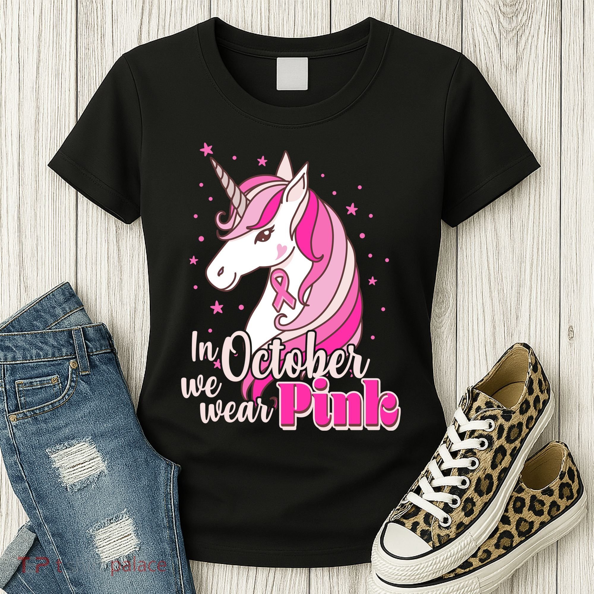 Cute Unicorn In October We Wear Pink Breast Cancer Awareness Women's T-Shirt