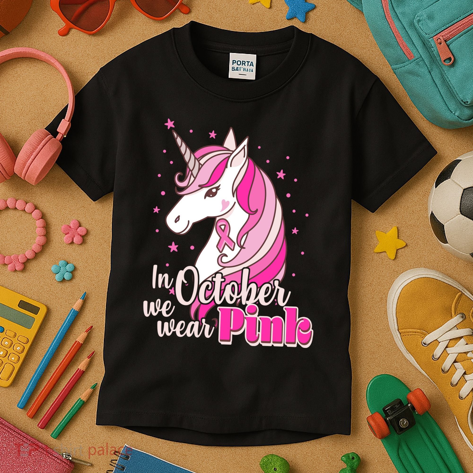 Cute Unicorn In October We Wear Pink Breast Cancer Awareness Kids T-Shirt