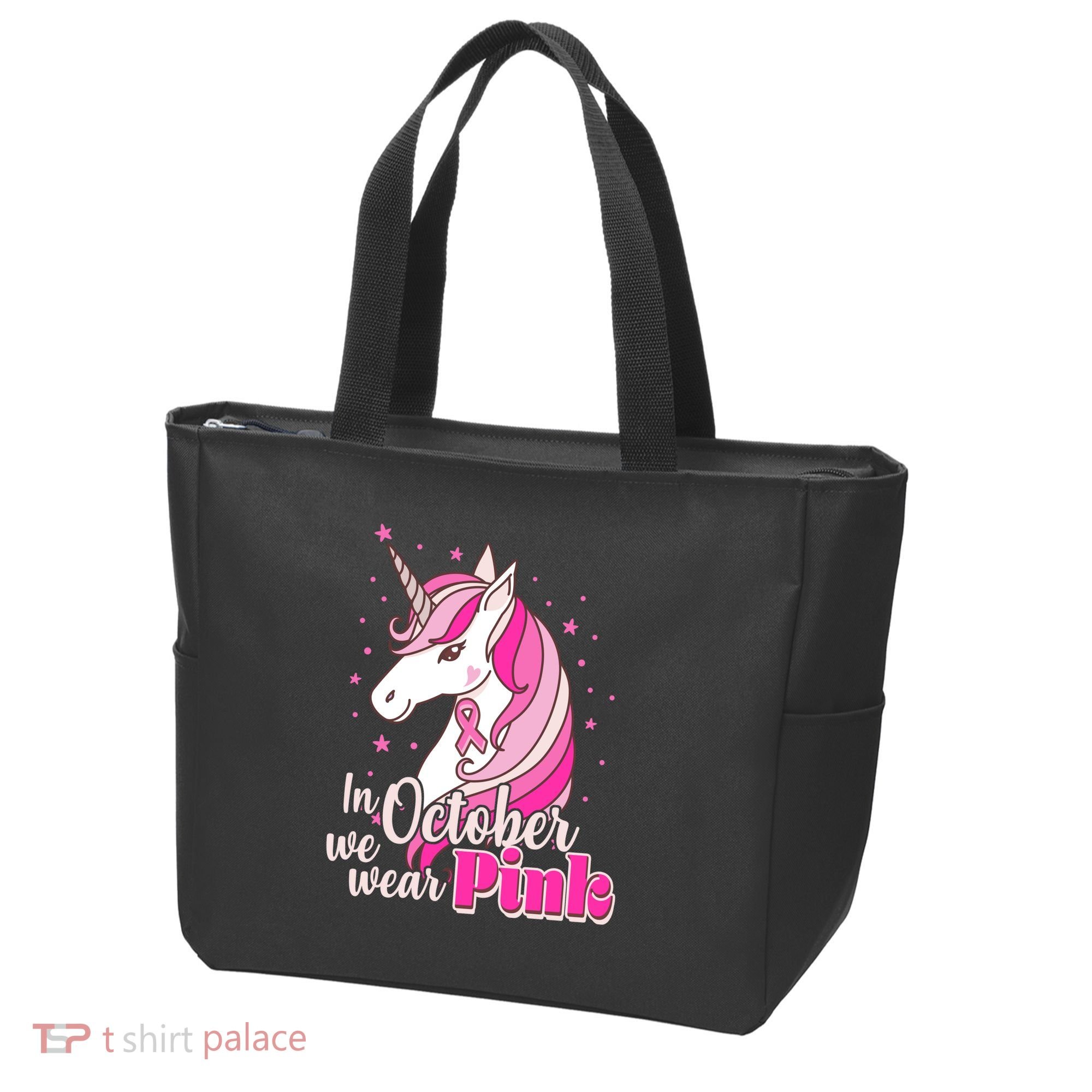 Cute Unicorn In October We Wear Pink Breast Cancer Awareness Tote Bag