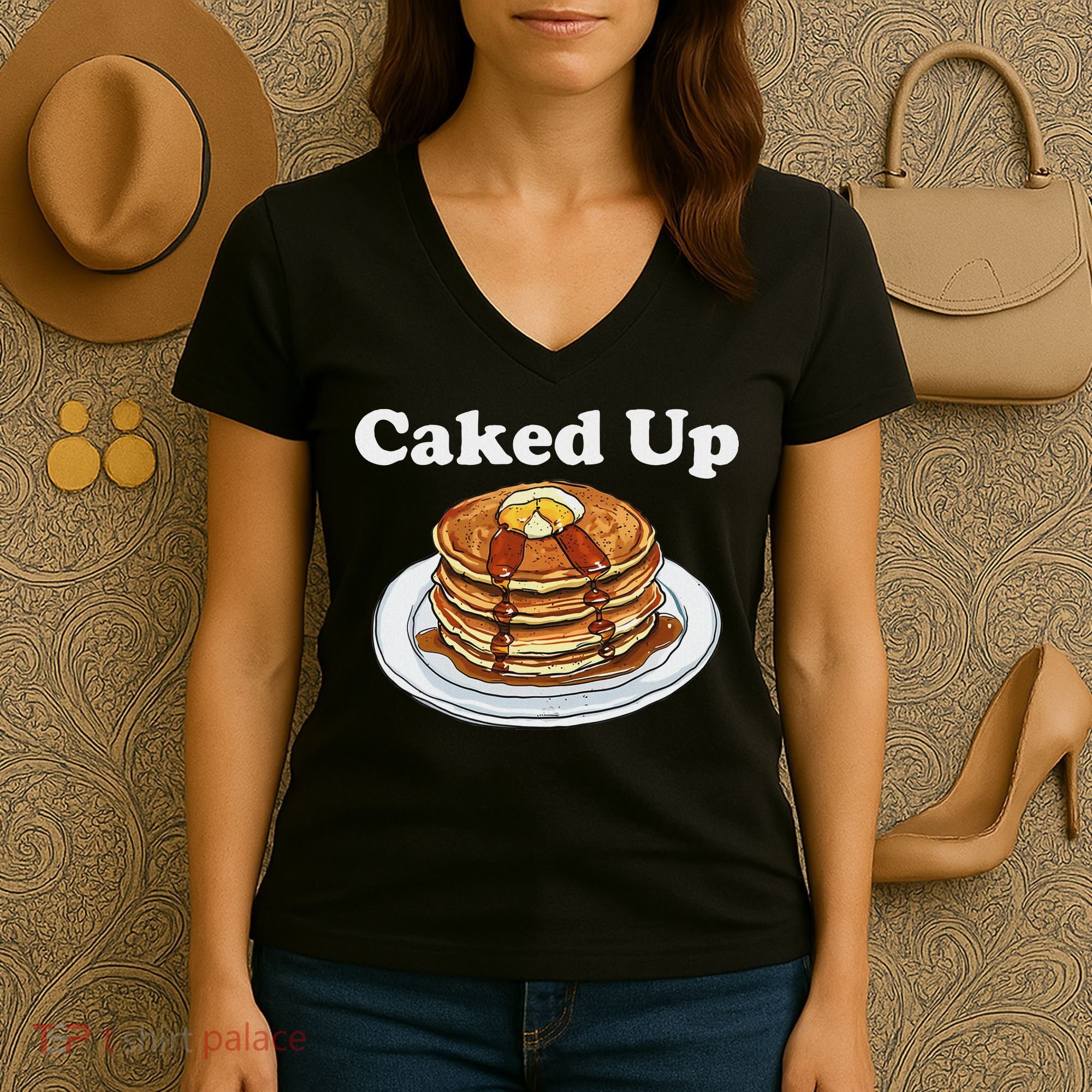 Caked Up Pancake Lover Sweet Breakfast Baking Women's V-Neck T-Shirt