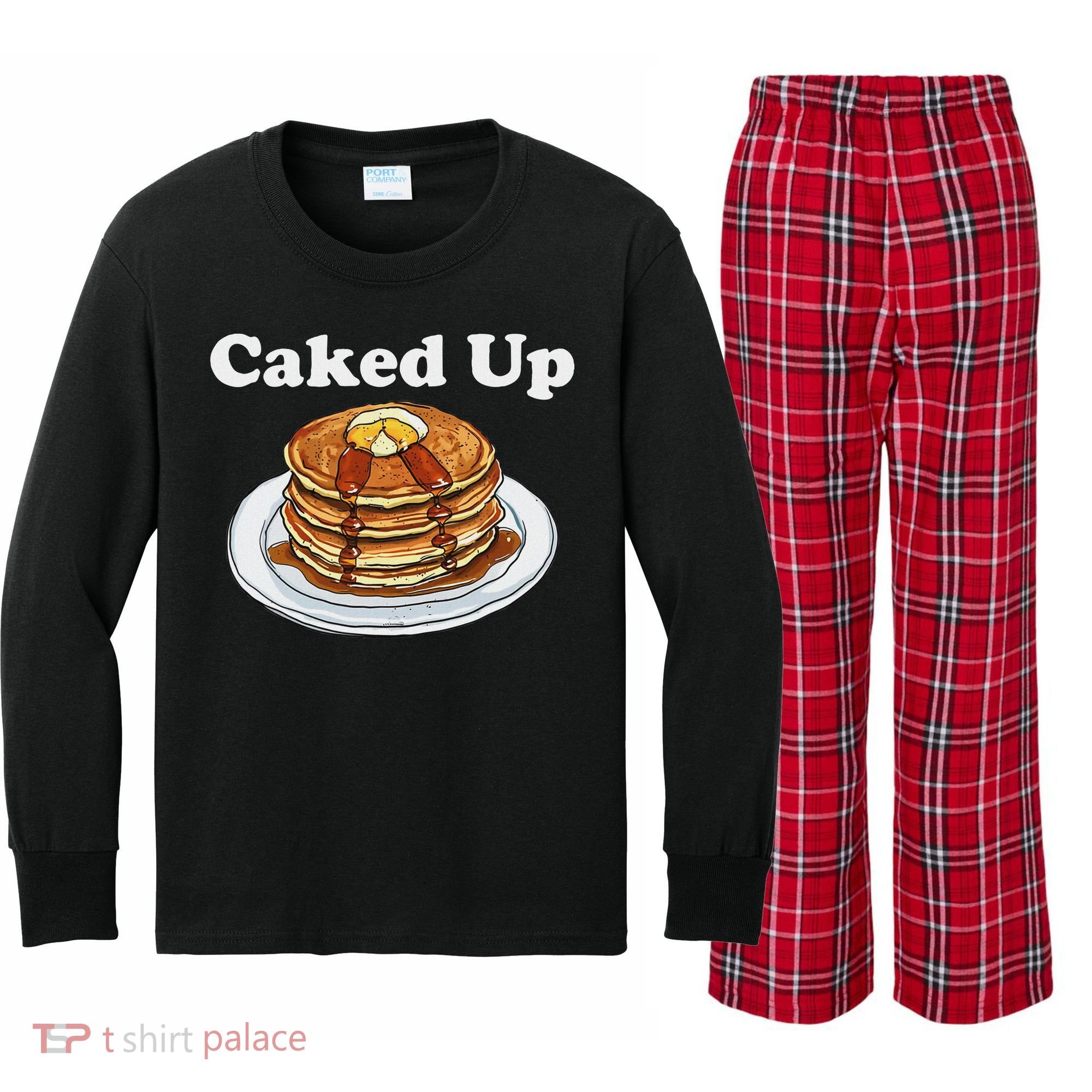 Caked Up Pancake Lover Sweet Breakfast Baking Kids Long Sleeve Plaid Pajama Set