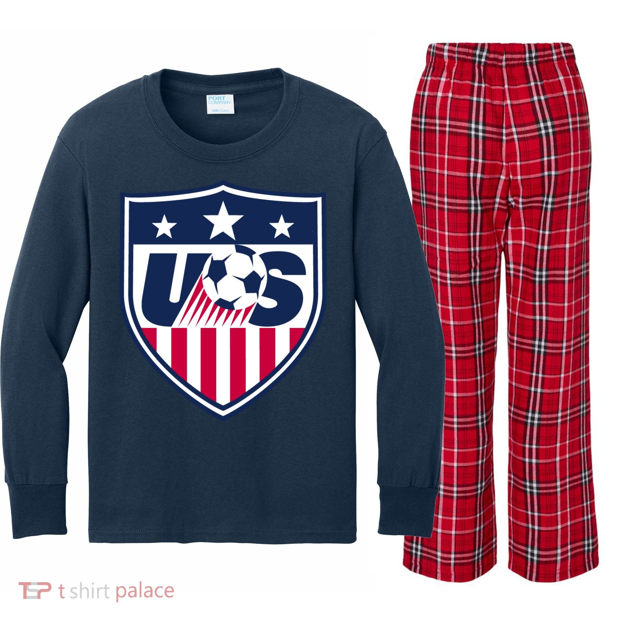 Cool Usa Soccer Team Jersey Kids Long Sleeve Plaid Pajama Set