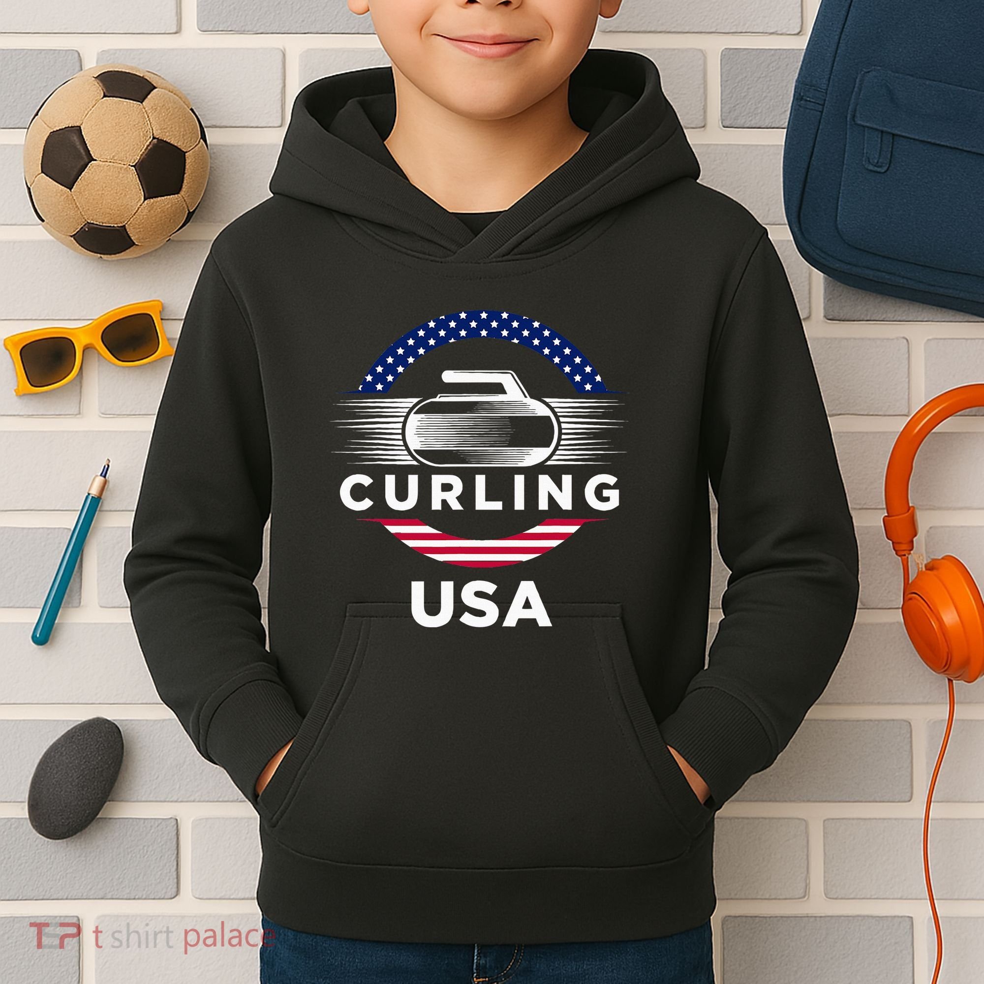 Curling Usa Support Flag Curl Clean Kids Hoodie