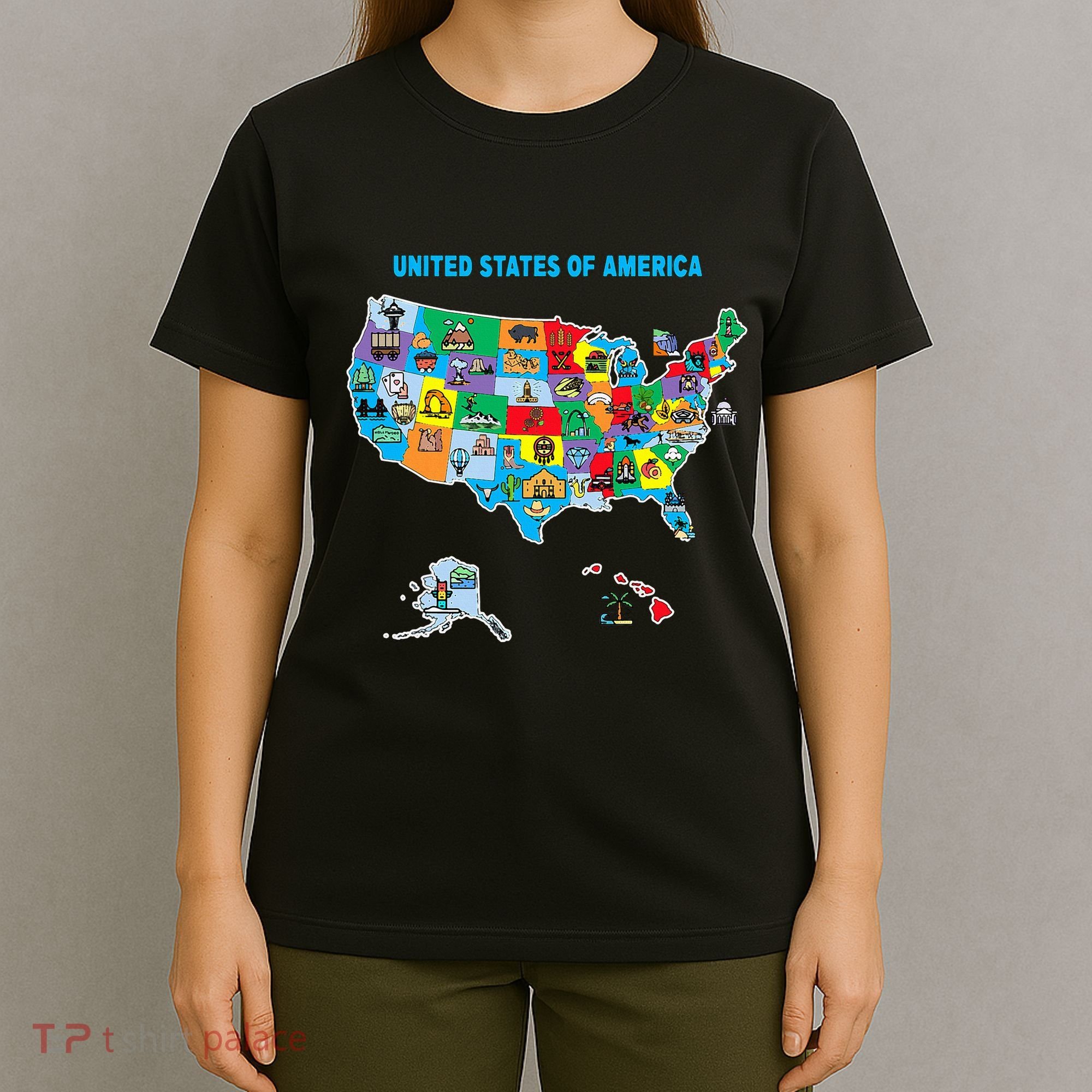 Colorful United States Of America Map Us Landmarks Icons T-Shirt