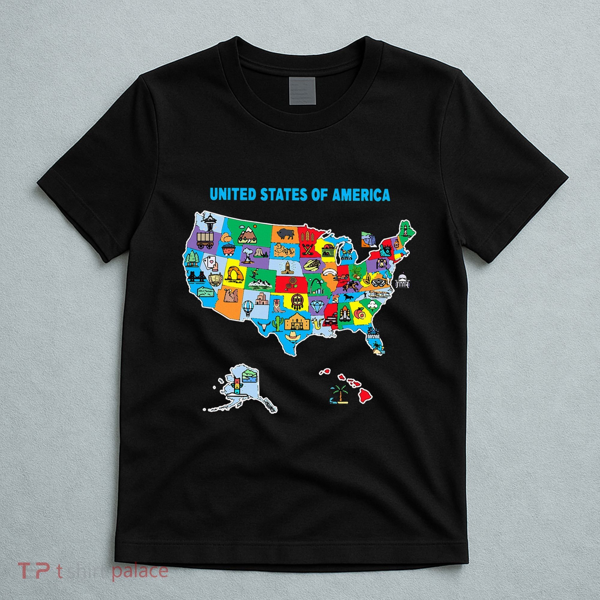 Colorful United States Of America Map Us Landmarks Icons T-Shirt