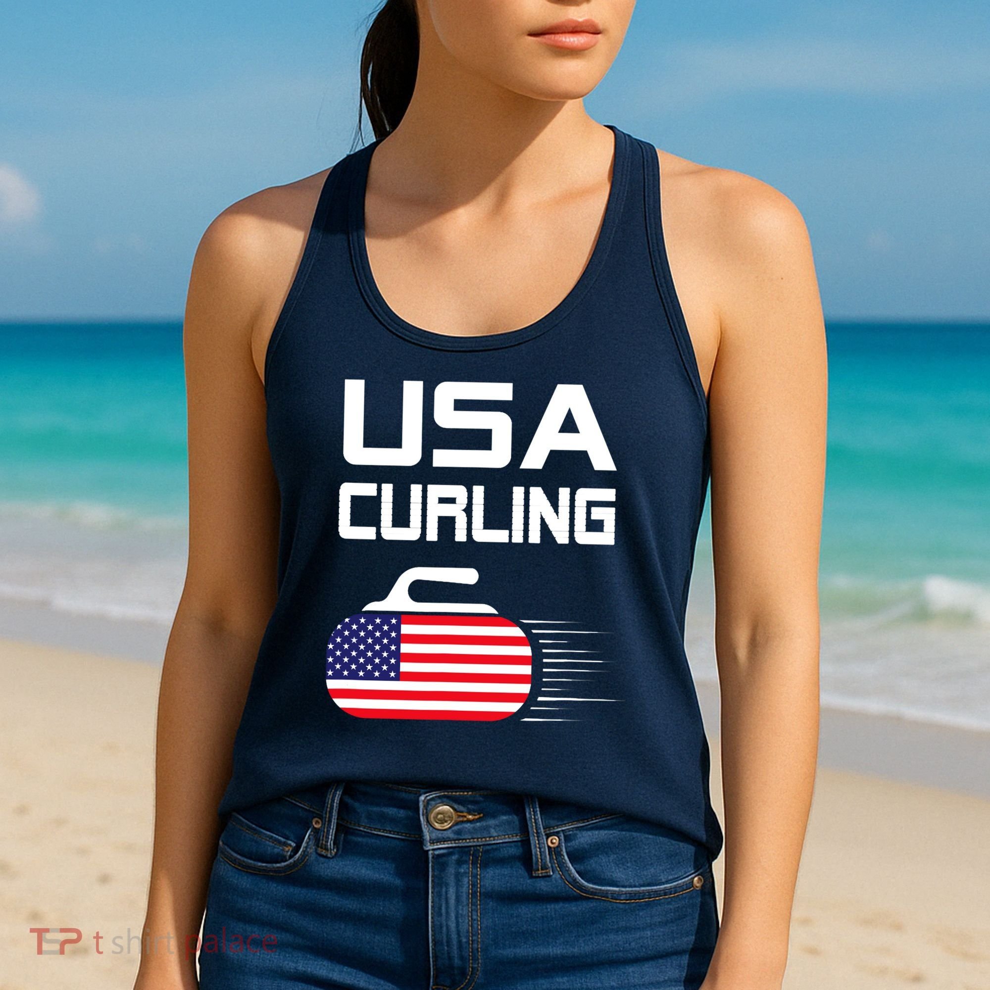 Curling USA Support Team American Flag Winter Sports Lovers Women's Tank Top