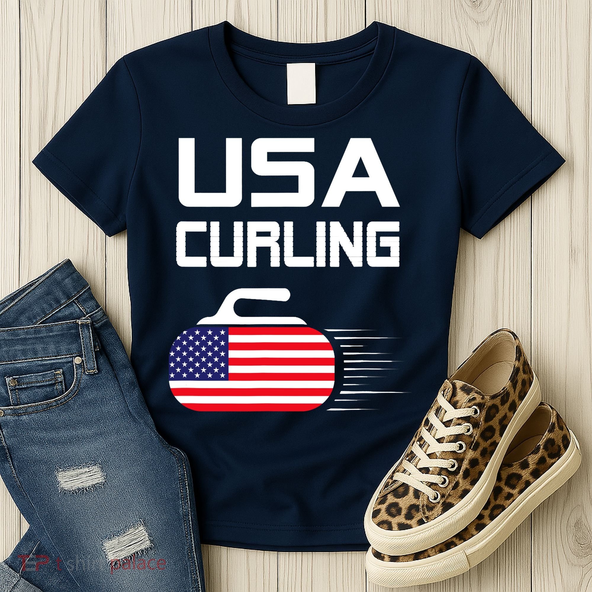 Curling USA Support Team American Flag Winter Sports Lovers Women's T-Shirt