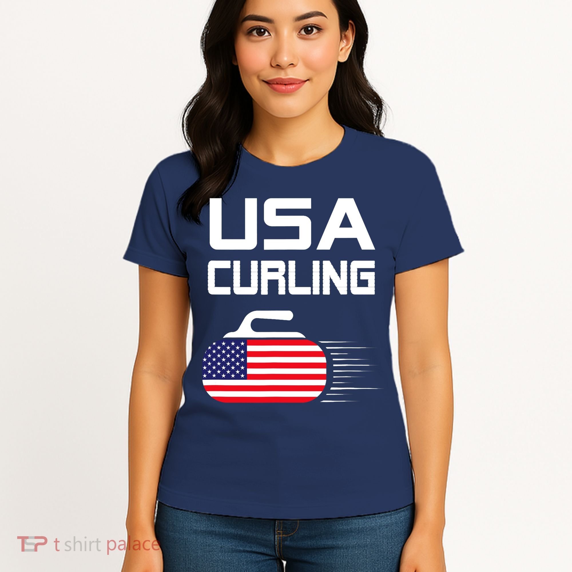 Curling USA Support Team American Flag Winter Sports Lovers Women's T-Shirt