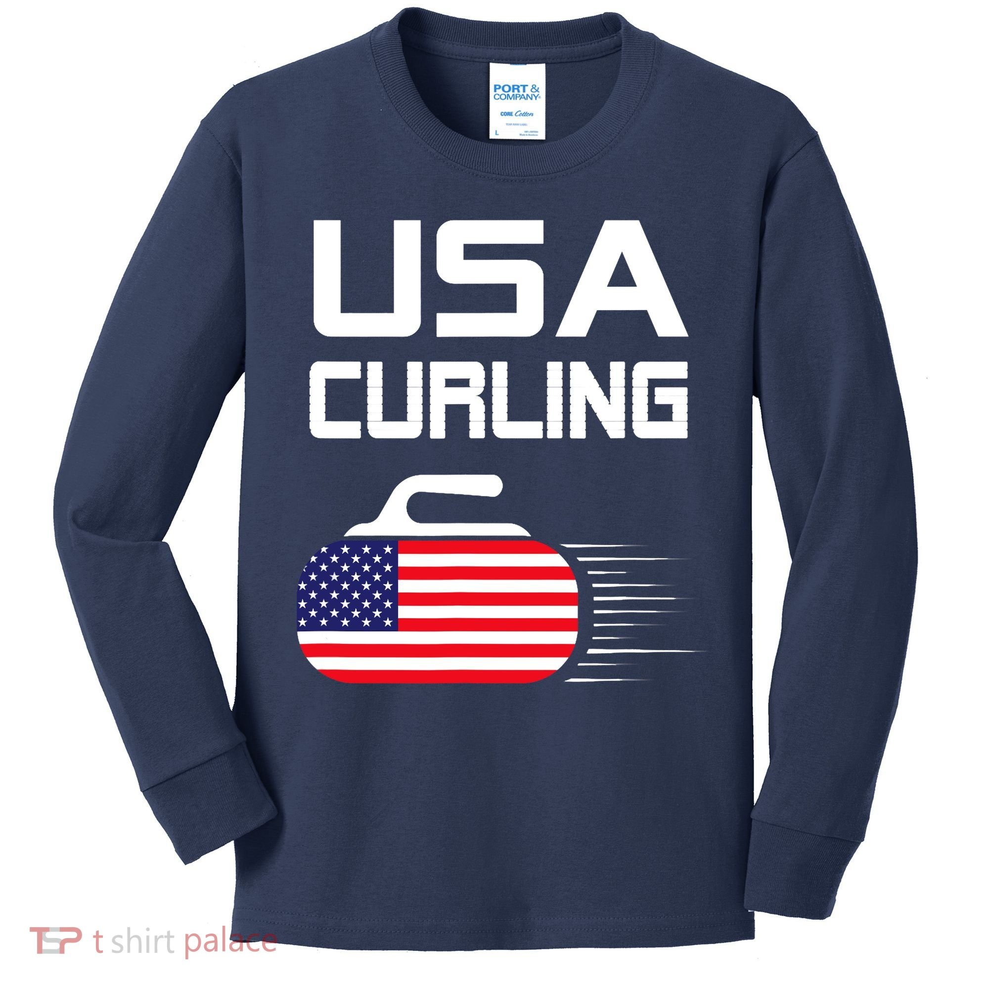 Curling USA Support Team American Flag Winter Sports Lovers Kids Long Sleeve Shirt