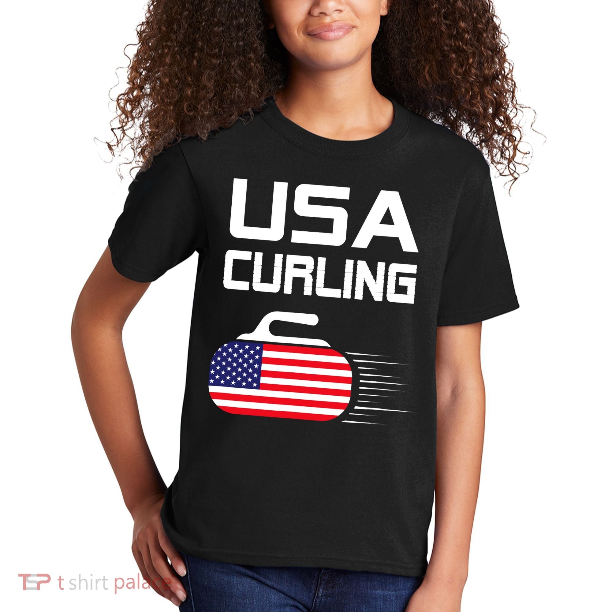 Curling USA Support Team American Flag Winter Sports Lovers Kids T-Shirt