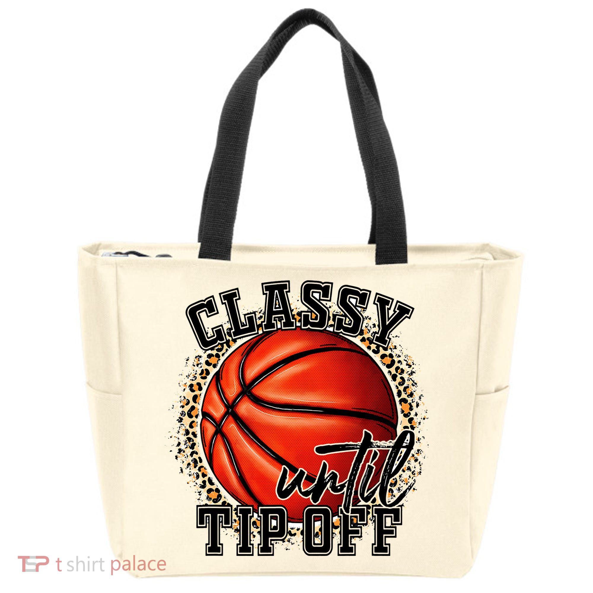 Classy Until Tip Off Funny Basketball Mom Leopard Tote Bag