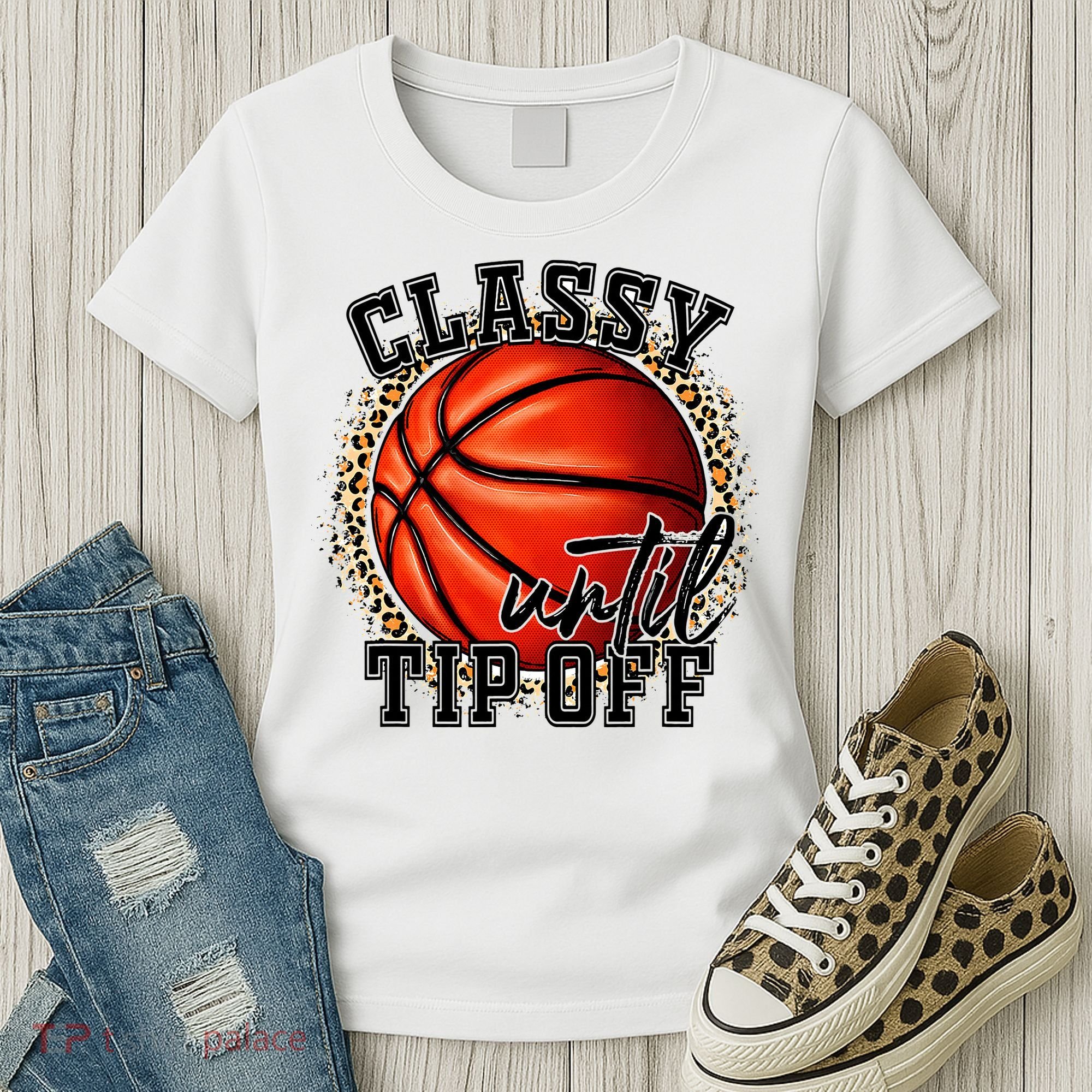 Classy Until Tip Off Funny Basketball Mom Leopard Women's T-Shirt