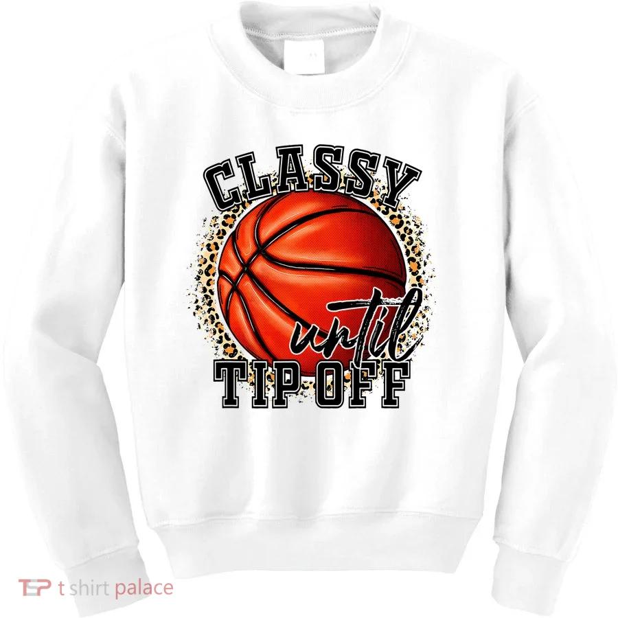 Classy Until Tip Off Funny Basketball Mom Leopard Kids Sweatshirt