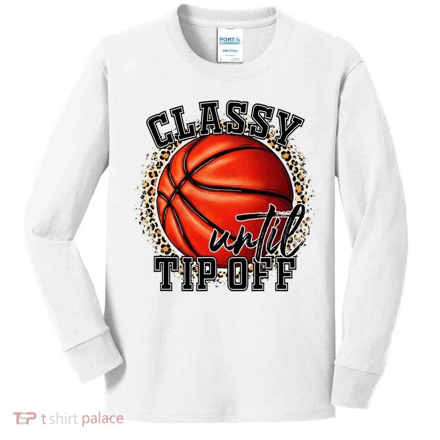 Classy Until Tip Off Funny Basketball Mom Leopard Kids Long Sleeve Shirt