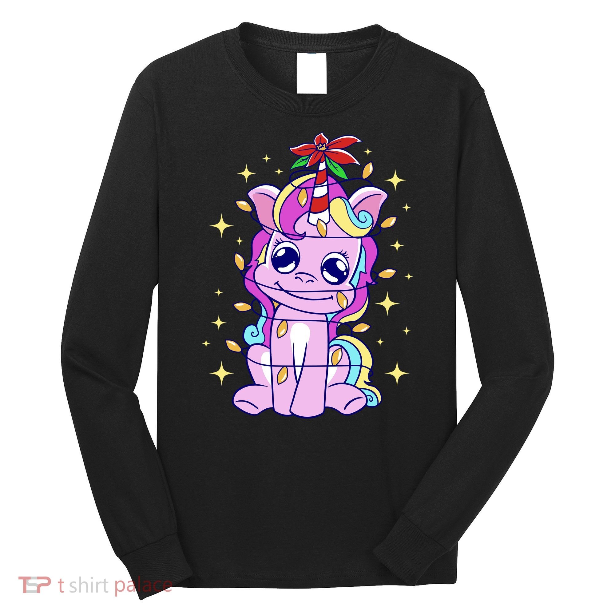 Cute Unicorn Tangled Christmas Lights Stars Rainbow Long Sleeve Shirt