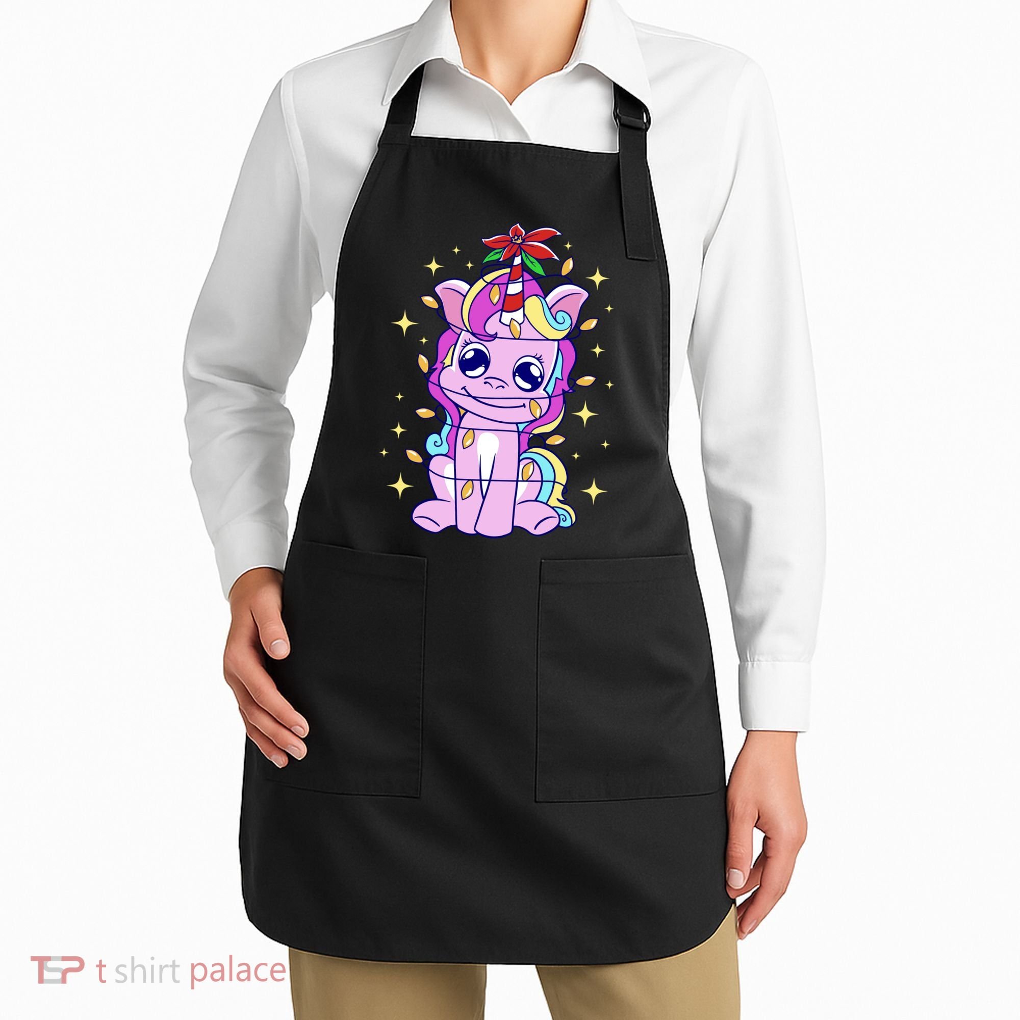 Cute Unicorn Tangled Christmas Lights Stars Rainbow Apron