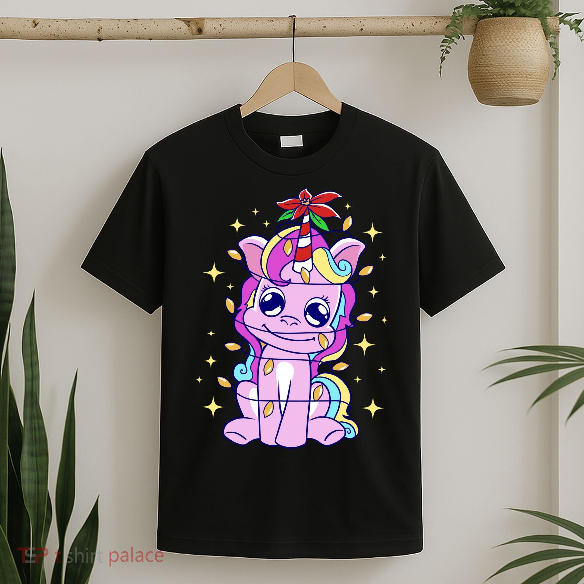 Cute Unicorn Tangled Christmas Lights Stars Rainbow T-Shirt
