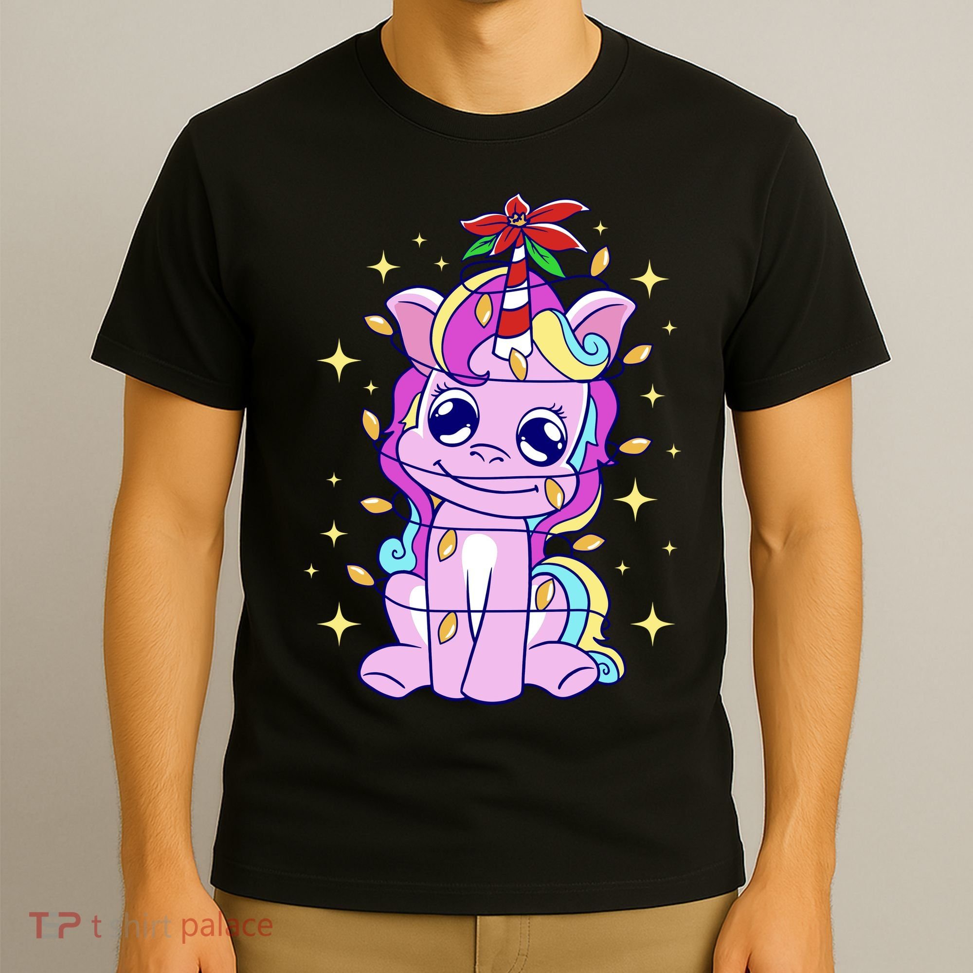 Cute Unicorn Tangled Christmas Lights Stars Rainbow T-Shirt