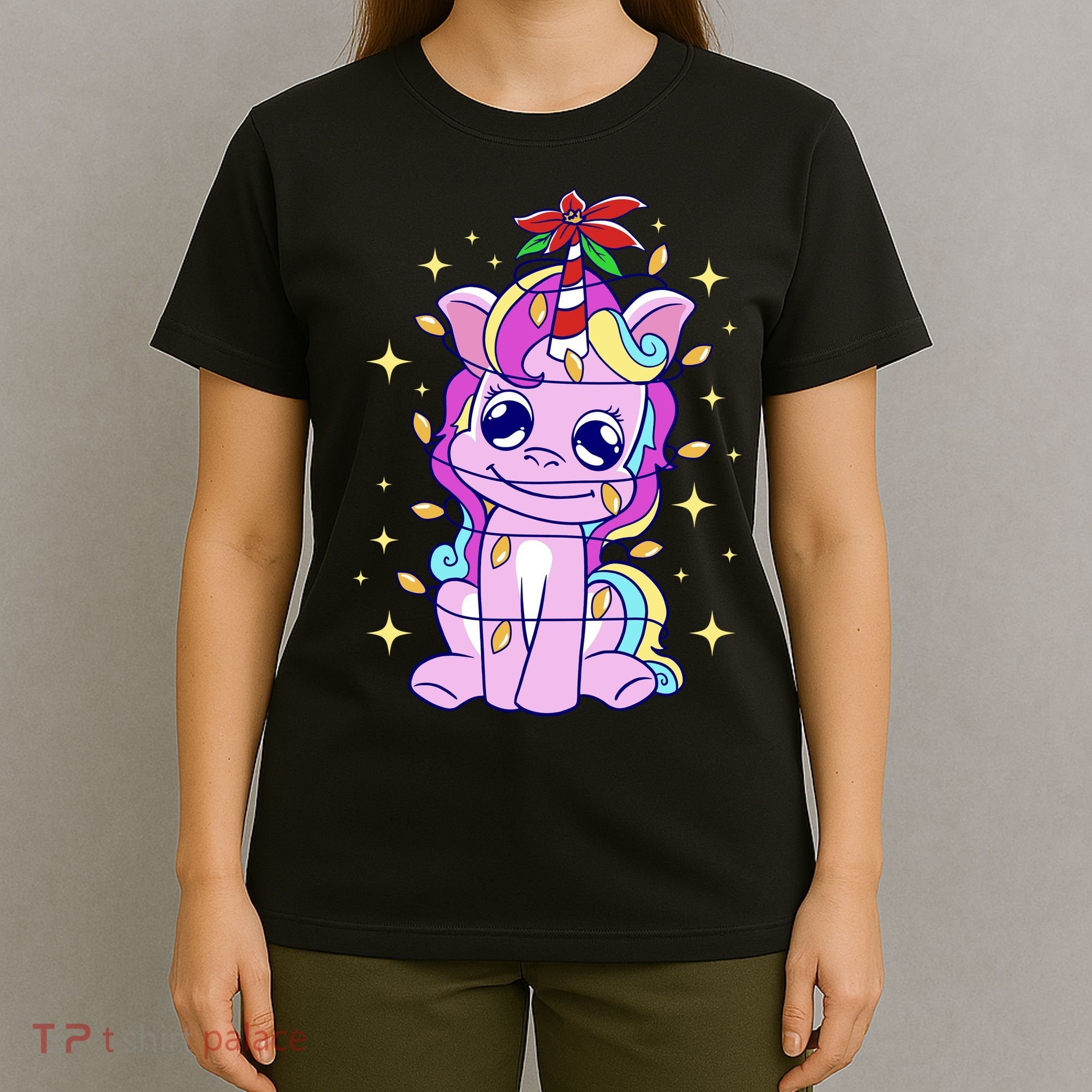 Cute Unicorn Tangled Christmas Lights Stars Rainbow T-Shirt