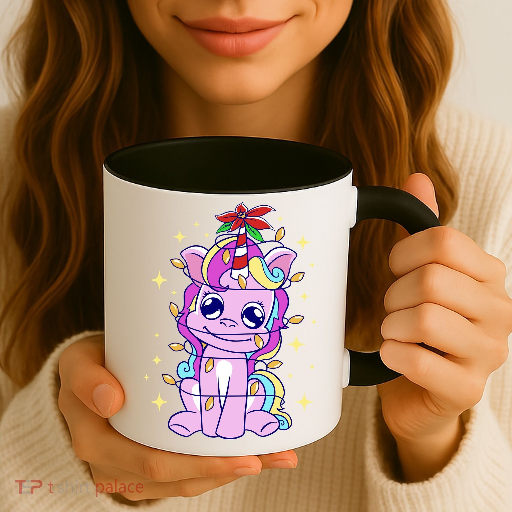 Cute Unicorn Tangled Christmas Lights Stars Rainbow Coffee Mug