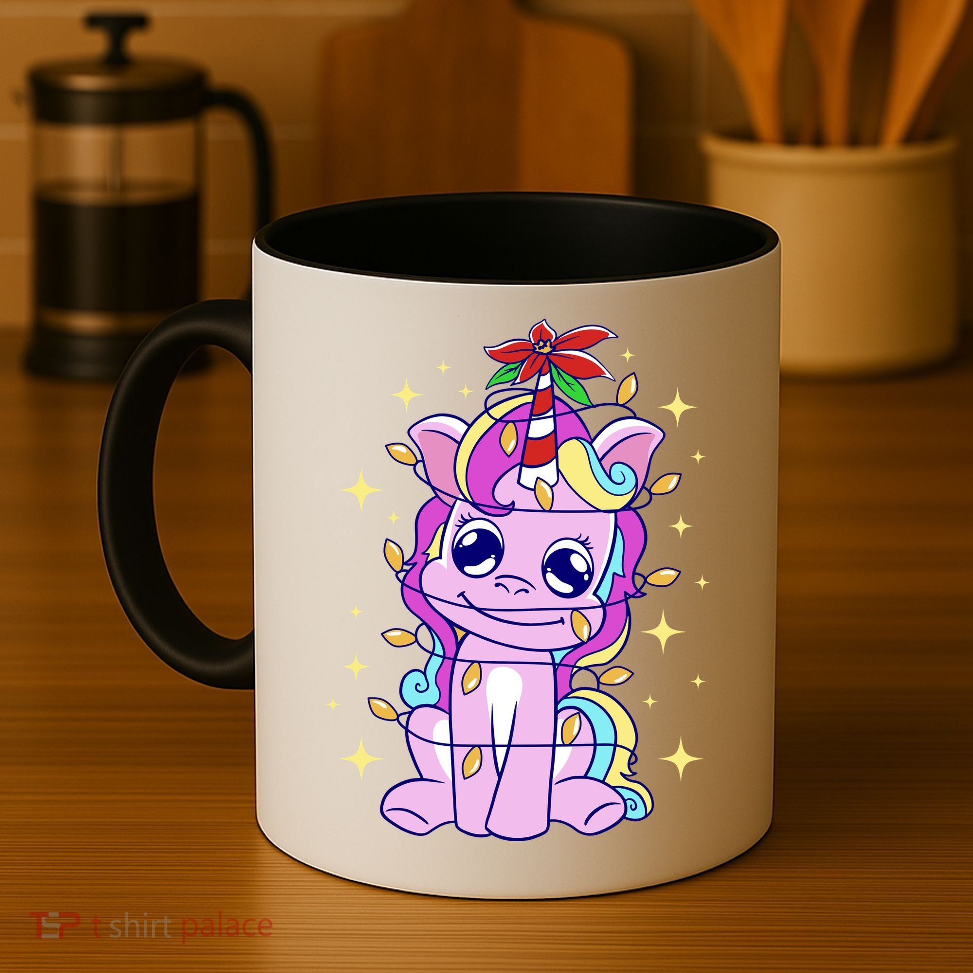Cute Unicorn Tangled Christmas Lights Stars Rainbow Coffee Mug