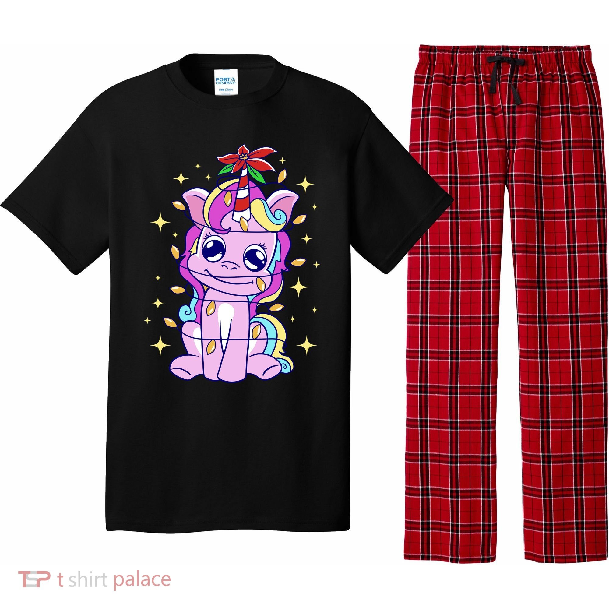 Cute Unicorn Tangled Christmas Lights Stars Rainbow Pajama Set