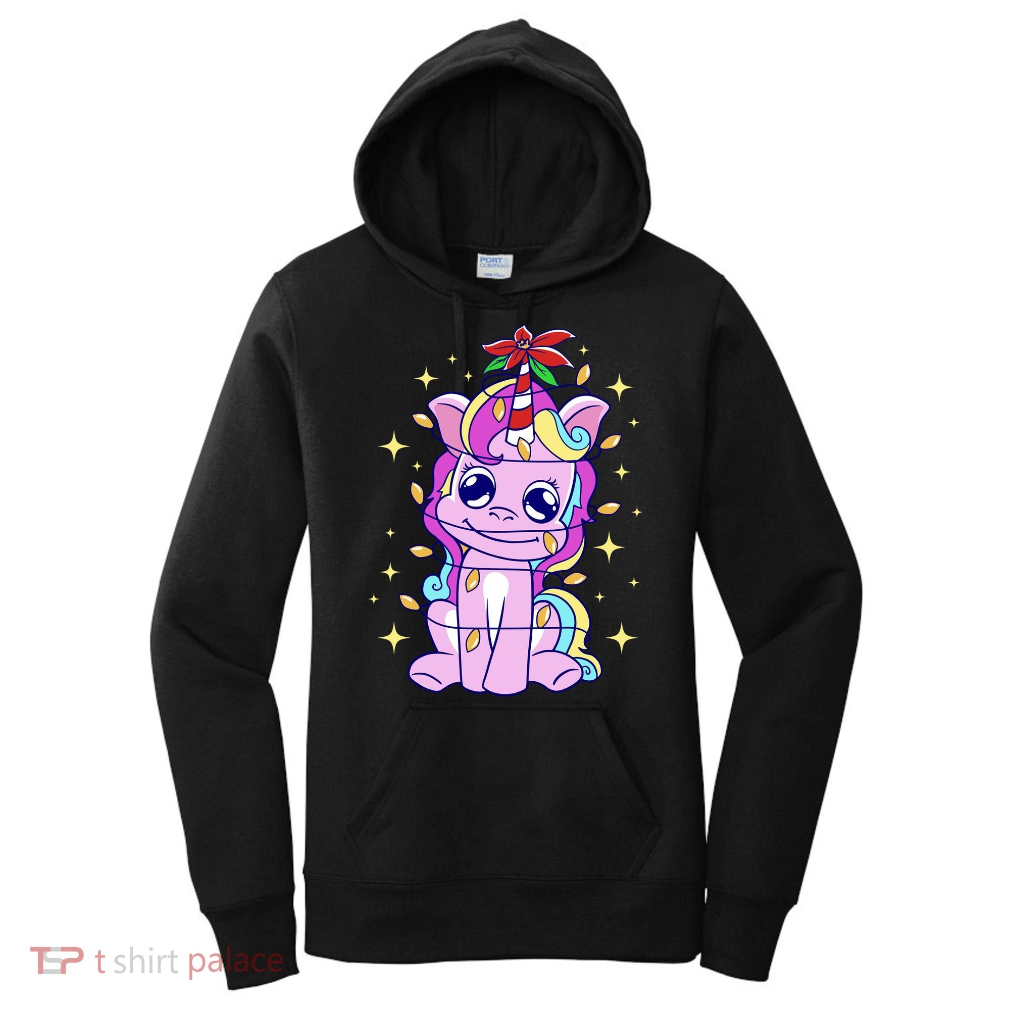 Cute Unicorn Tangled Christmas Lights Stars Rainbow Women's Hoodie