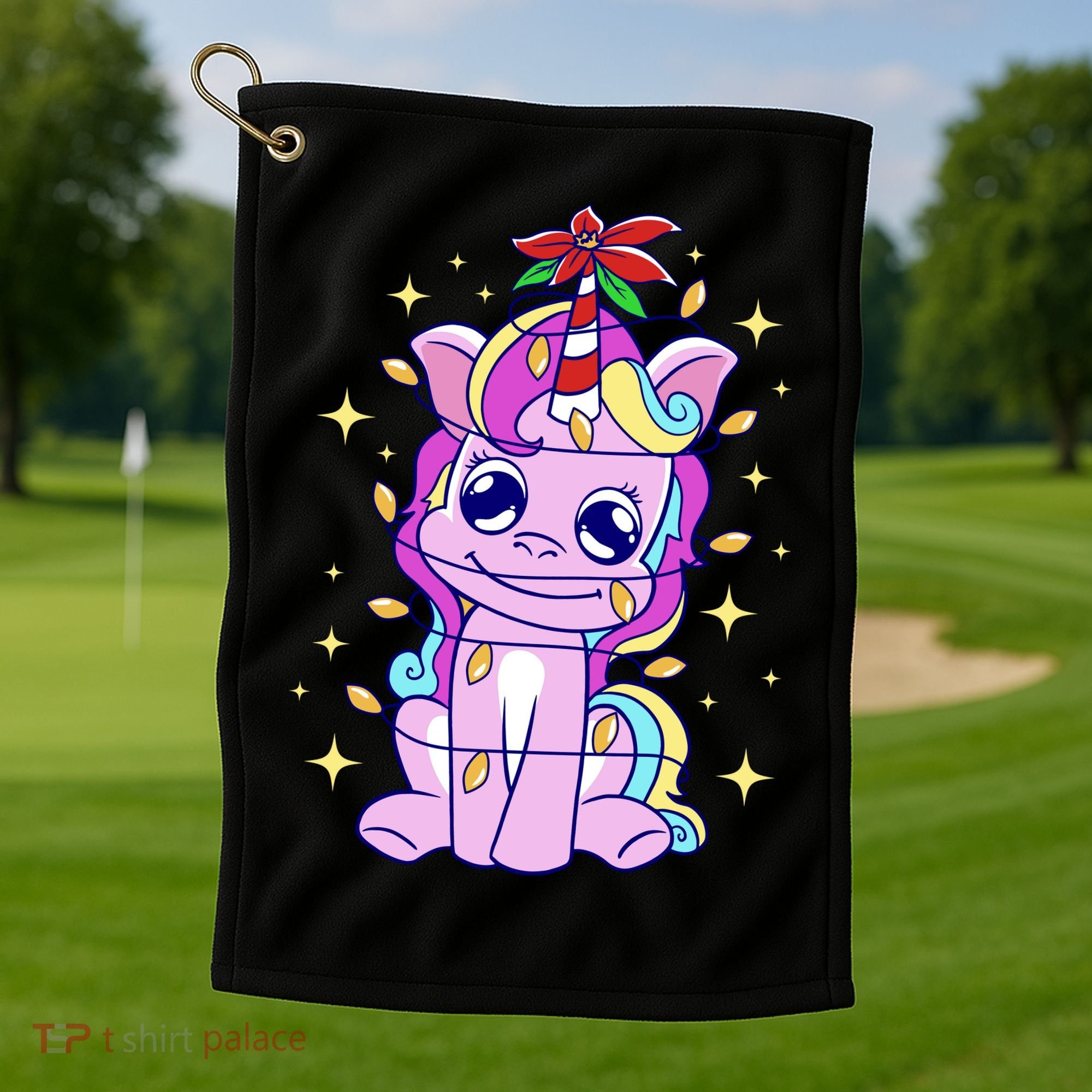 Cute Unicorn Tangled Christmas Lights Stars Rainbow Golf Towel