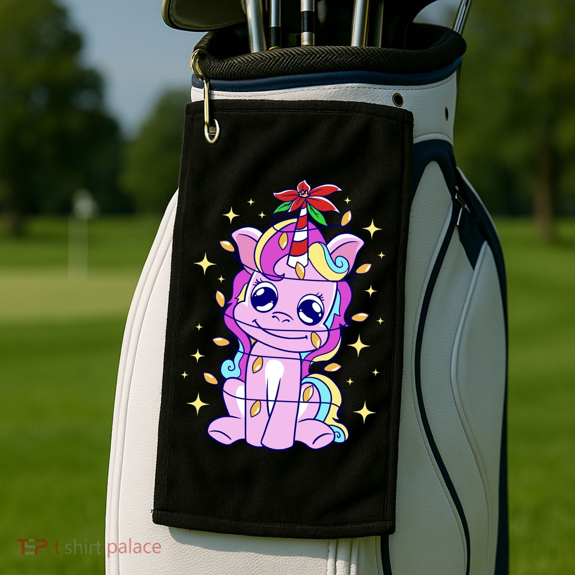 Cute Unicorn Tangled Christmas Lights Stars Rainbow Golf Towel