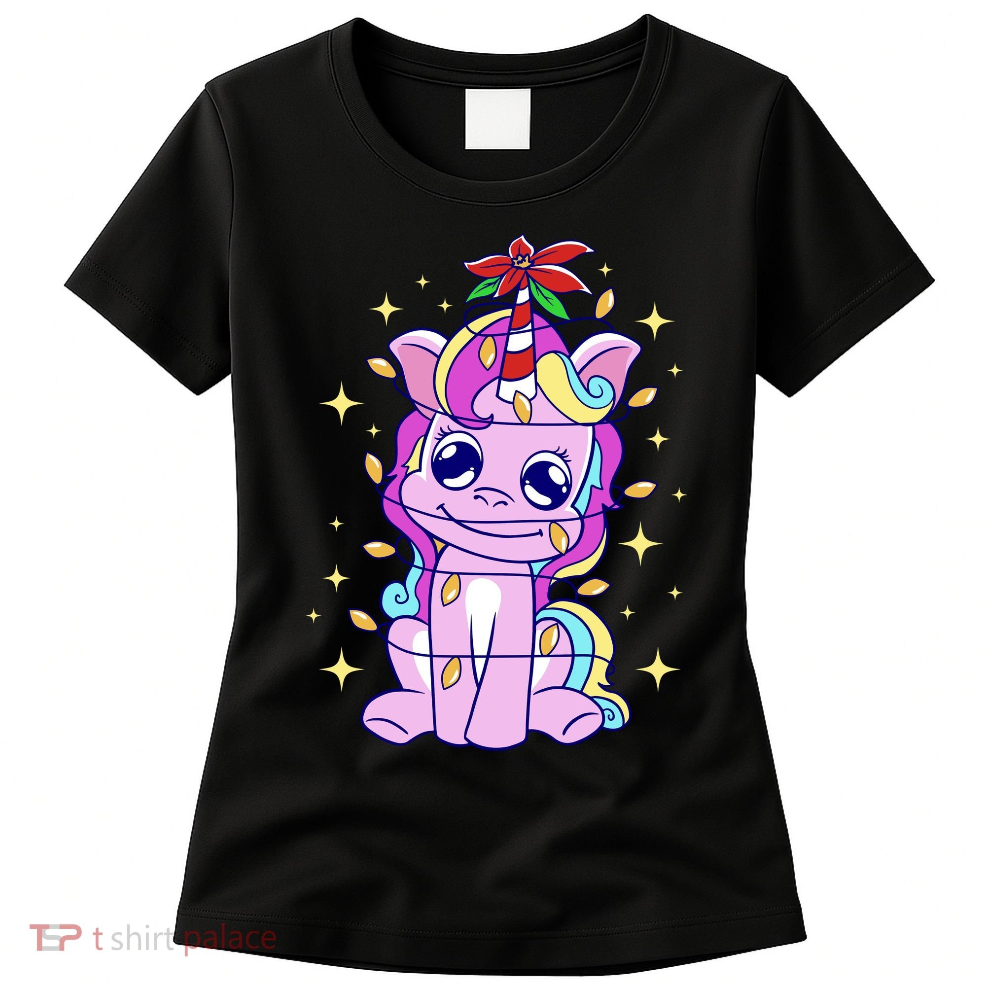 Cute Unicorn Tangled Christmas Lights Stars Rainbow Women's T-Shirt