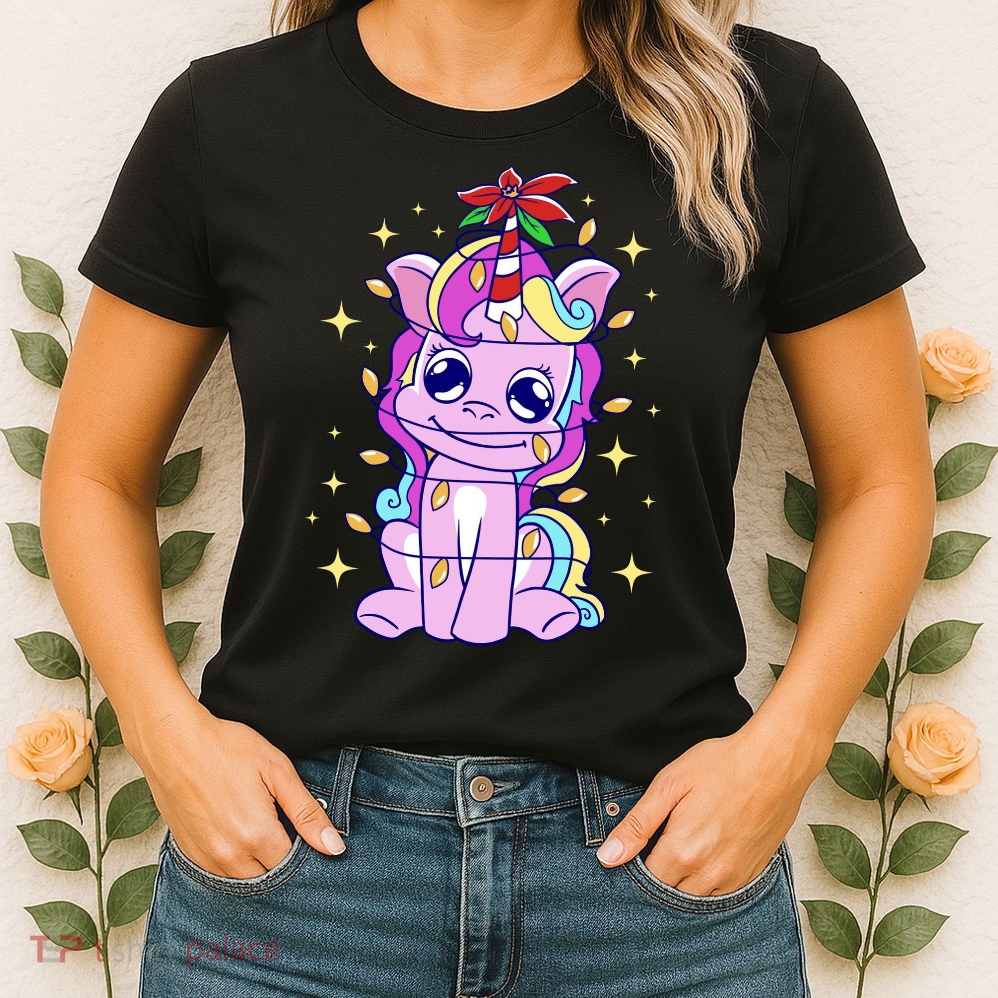 Cute Unicorn Tangled Christmas Lights Stars Rainbow Women's T-Shirt
