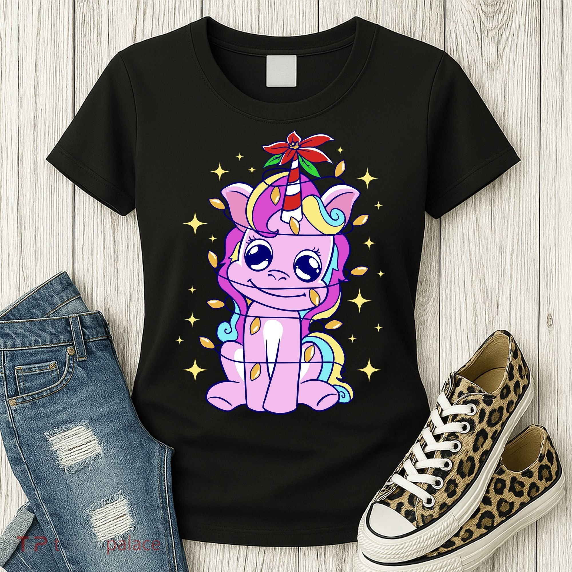 Cute Unicorn Tangled Christmas Lights Stars Rainbow Women's T-Shirt