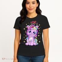 Cute Unicorn Tangled Christmas Lights Stars Rainbow Women's T-Shirt thumb 4