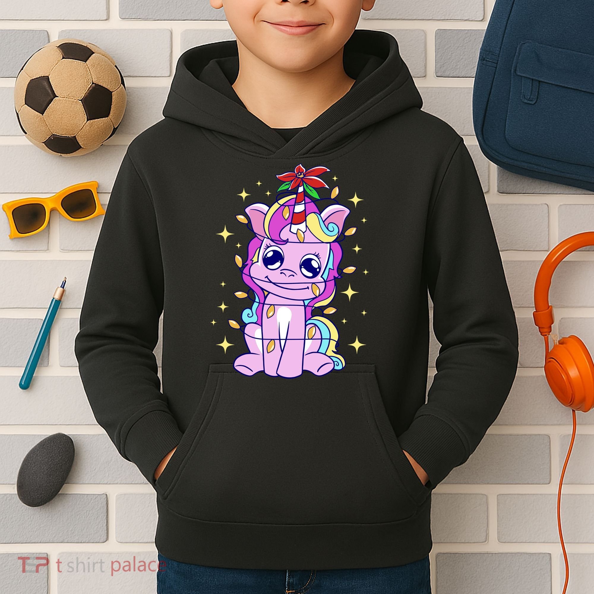 Cute Unicorn Tangled Christmas Lights Stars Rainbow Kids Hoodie