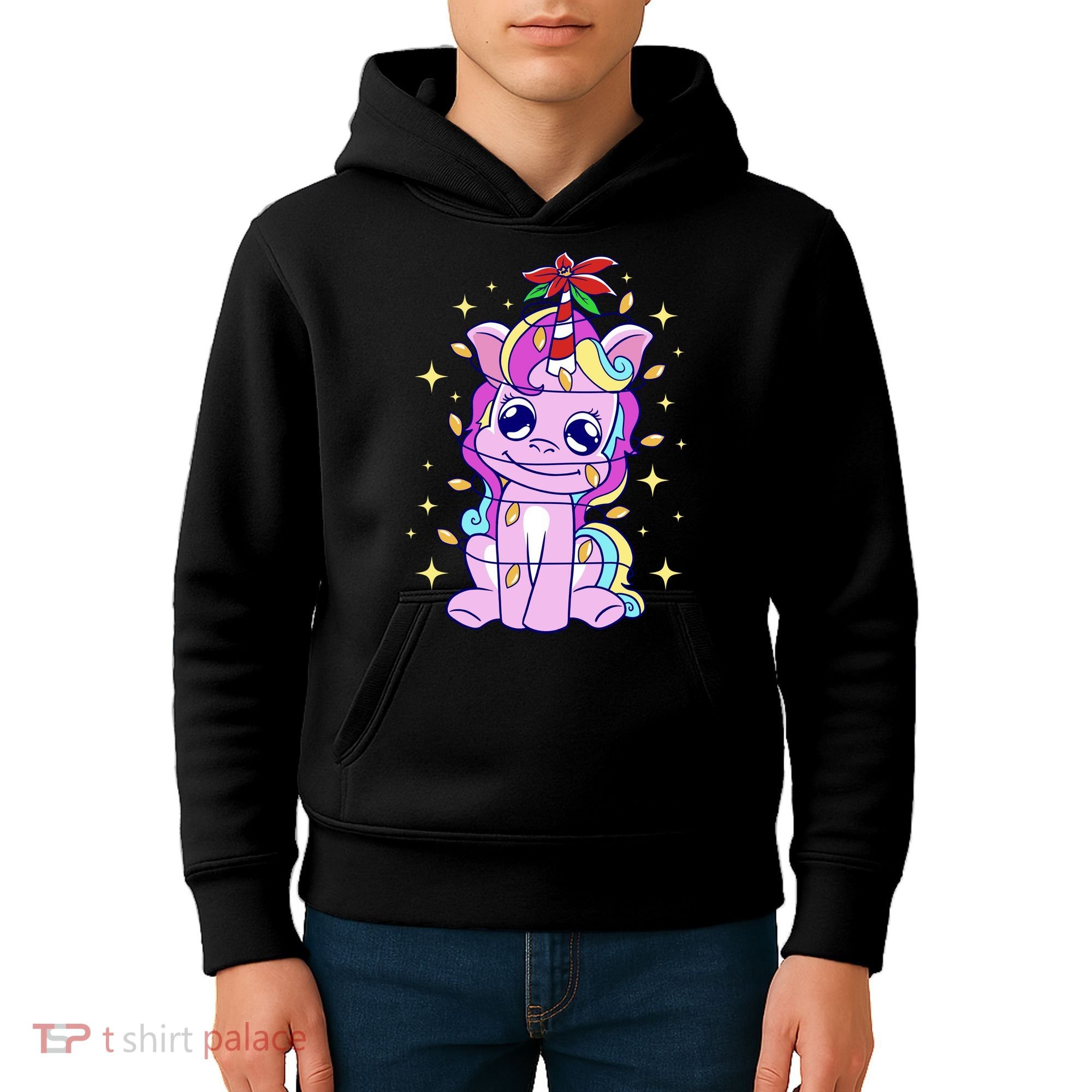 Cute Unicorn Tangled Christmas Lights Stars Rainbow Kids Hoodie