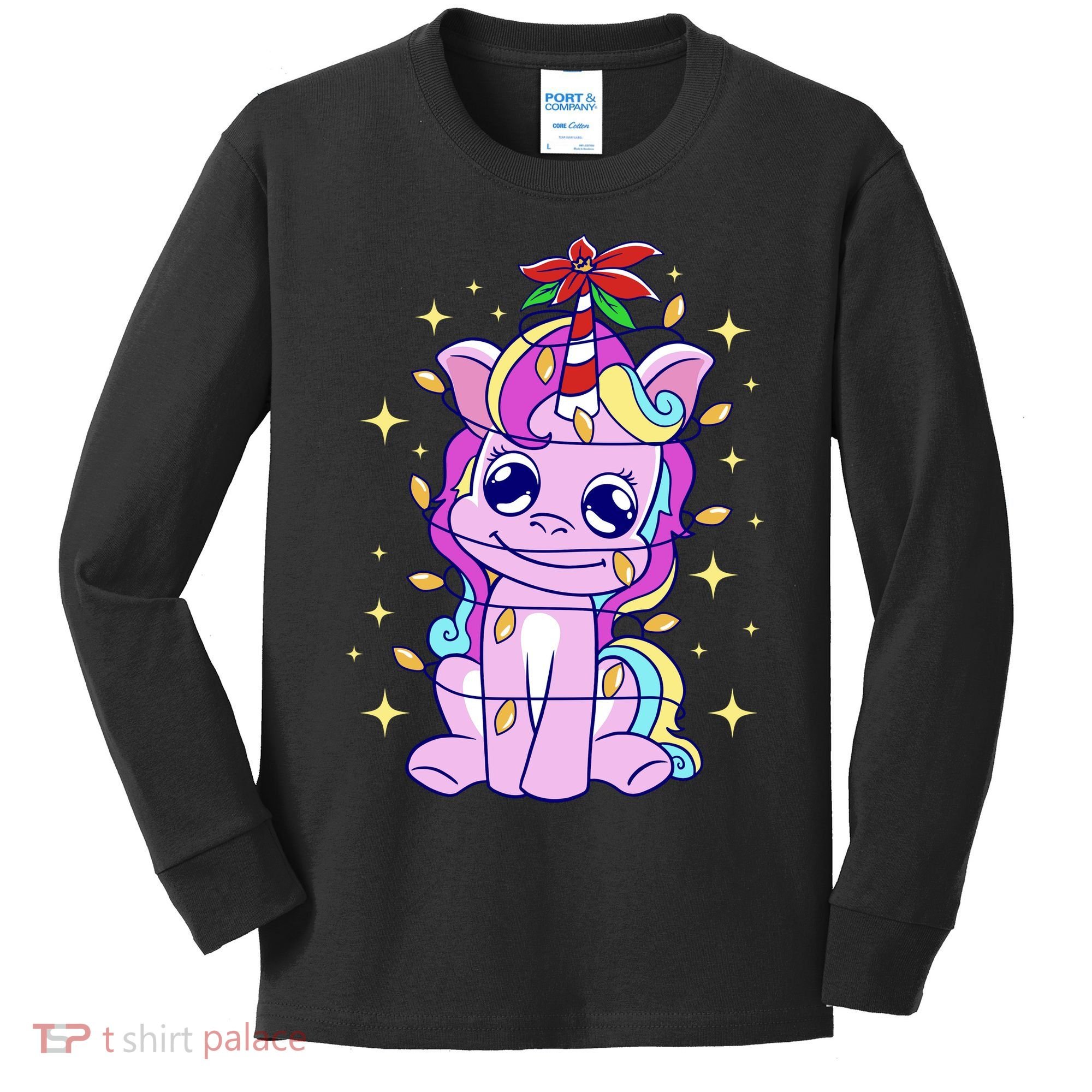 Cute Unicorn Tangled Christmas Lights Stars Rainbow Kids Long Sleeve Shirt