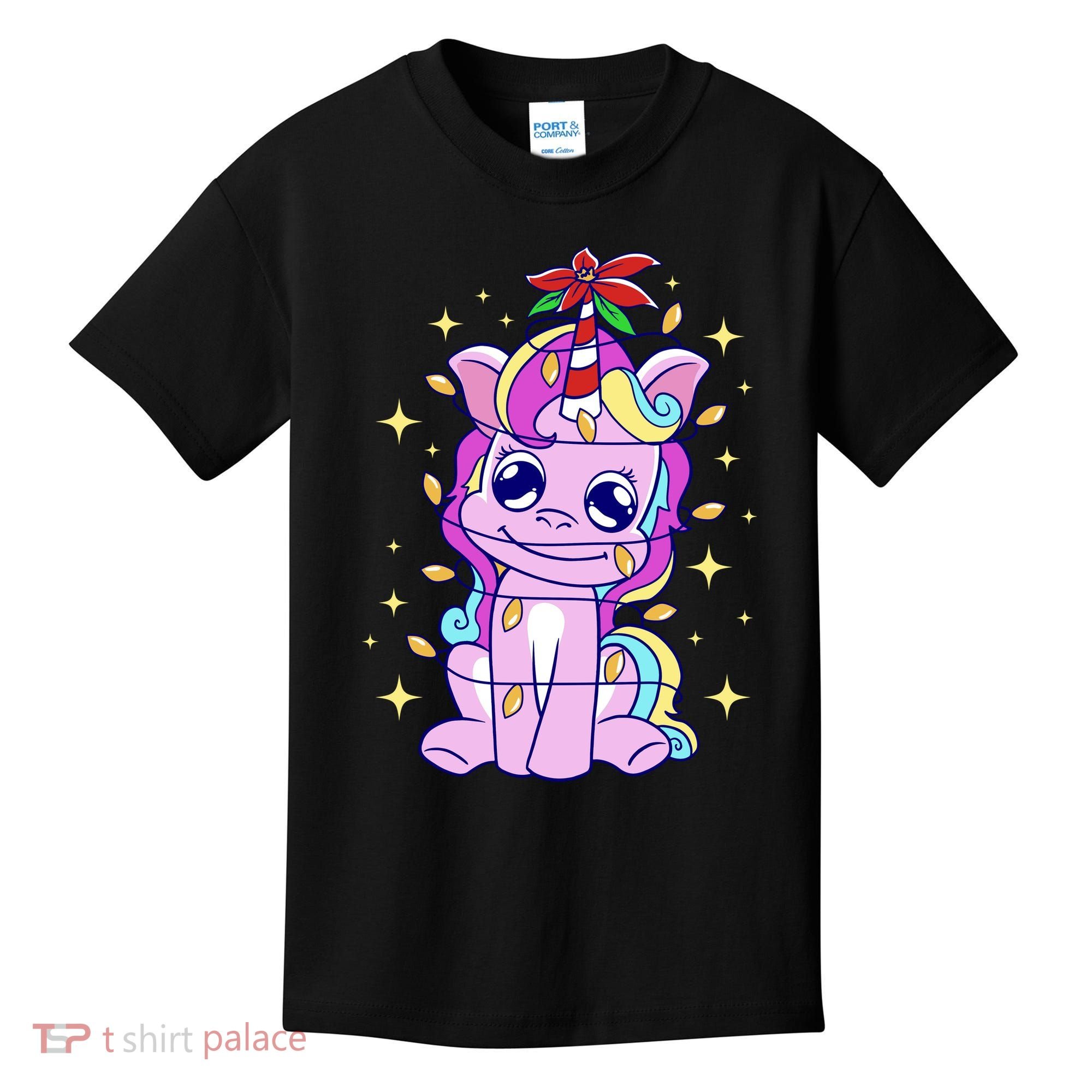 Cute Unicorn Tangled Christmas Lights Stars Rainbow Kids T-Shirt