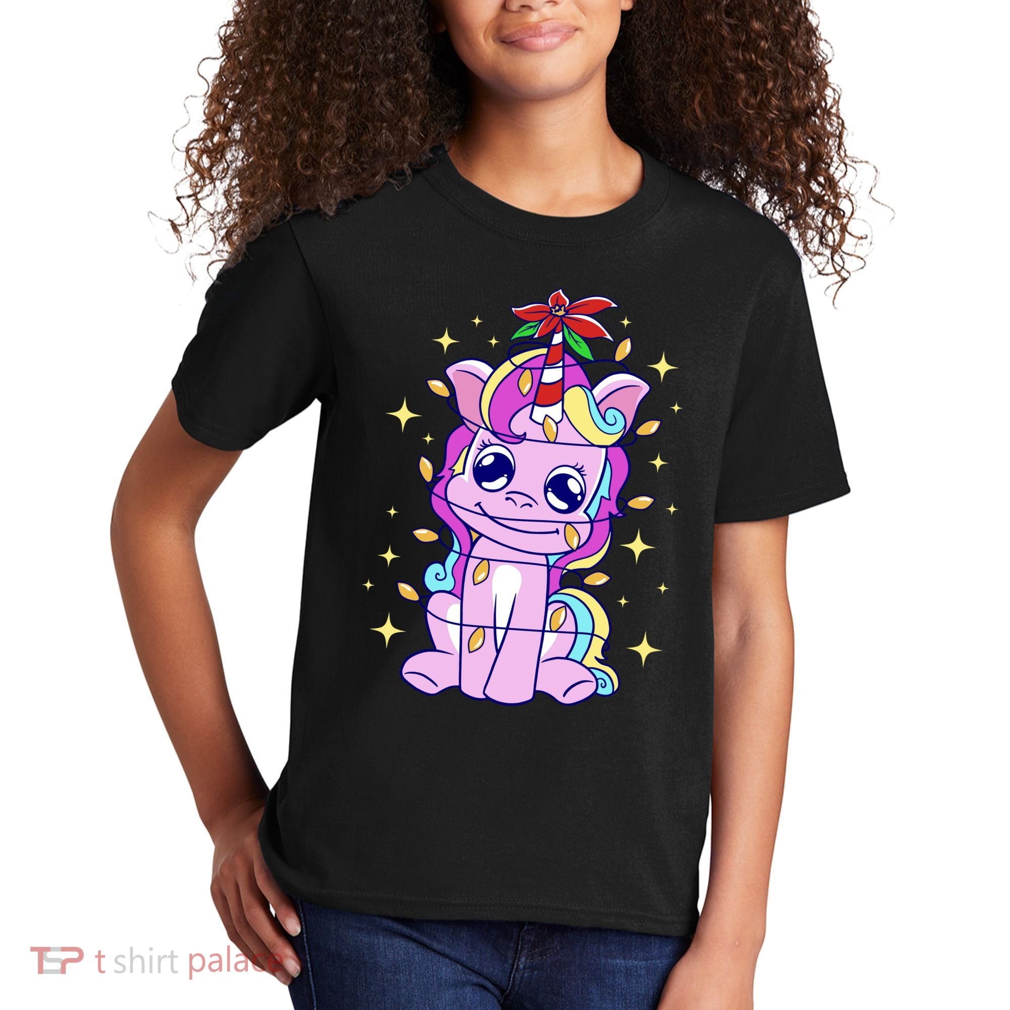 Cute Unicorn Tangled Christmas Lights Stars Rainbow Kids T-Shirt
