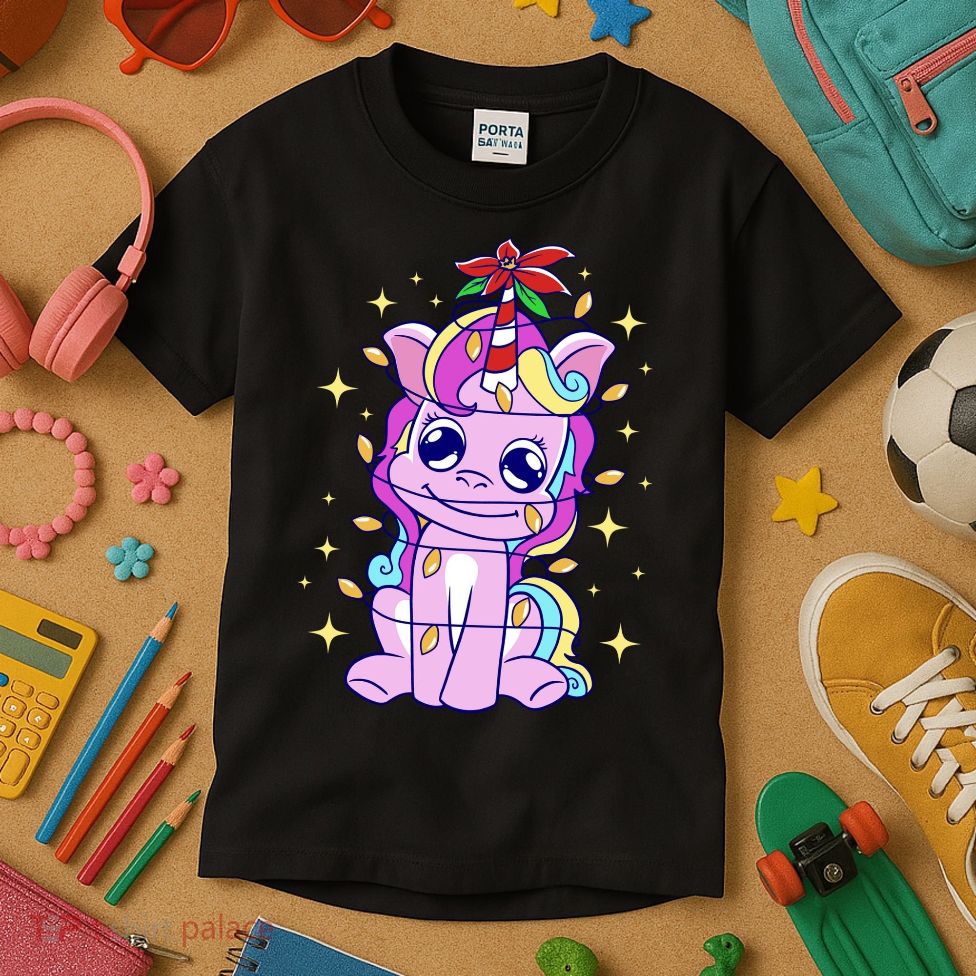 Cute Unicorn Tangled Christmas Lights Stars Rainbow Kids T-Shirt