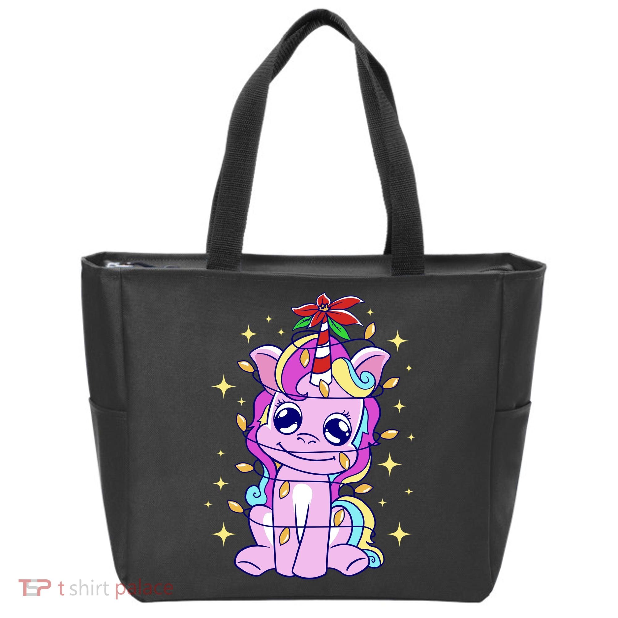 Cute Unicorn Tangled Christmas Lights Stars Rainbow Tote Bag