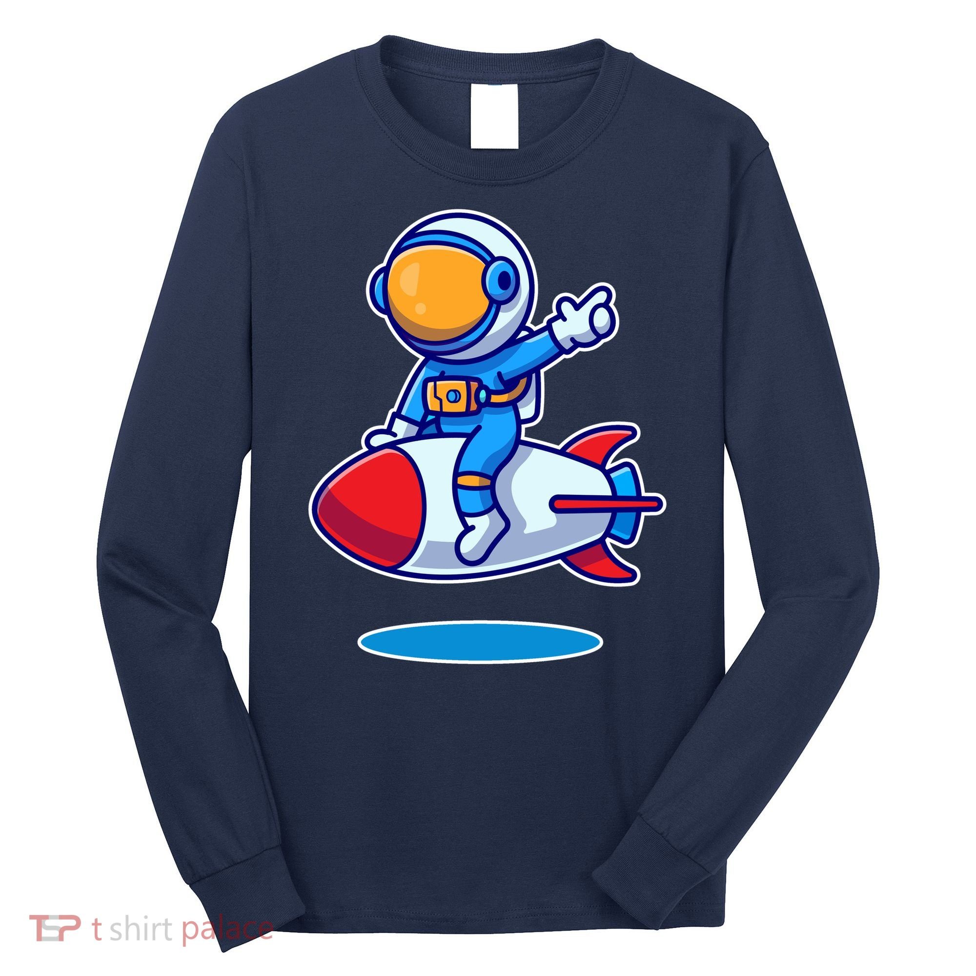 Cute Astronaut On Rocket Cartoon Long Sleeve Shirt