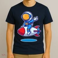 Cute Astronaut On Rocket Cartoon T-Shirt thumb 3